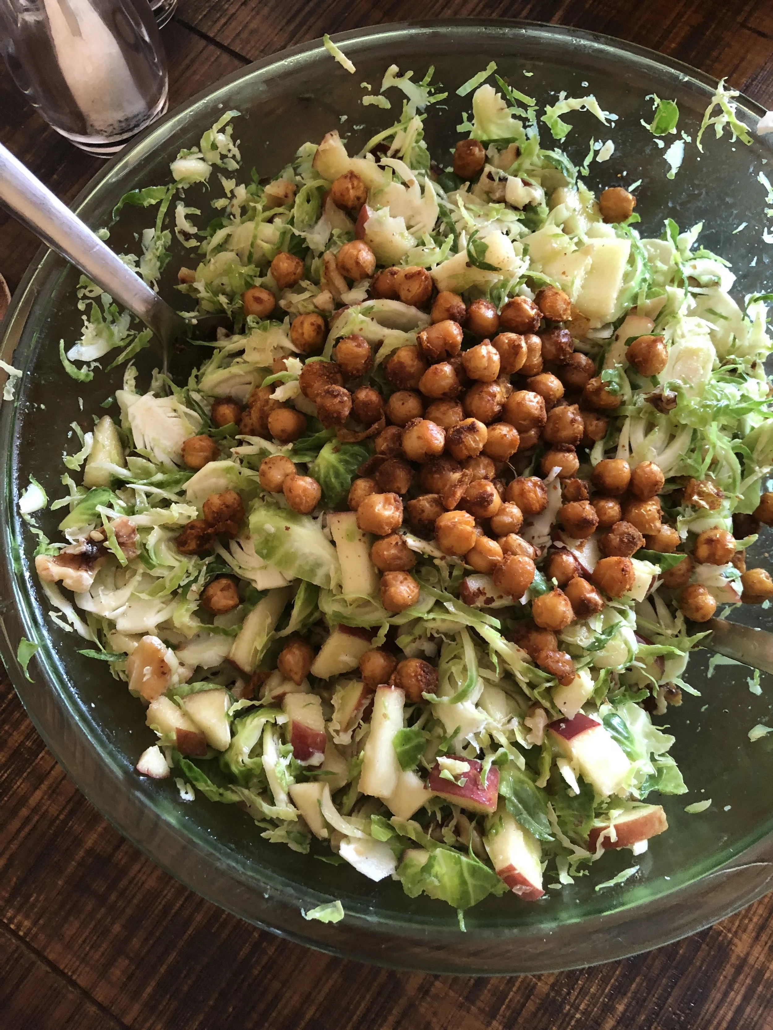 Shaved Brussel Sprout, Apple and Walnut Salad with Spiced Roasted Chickpeas