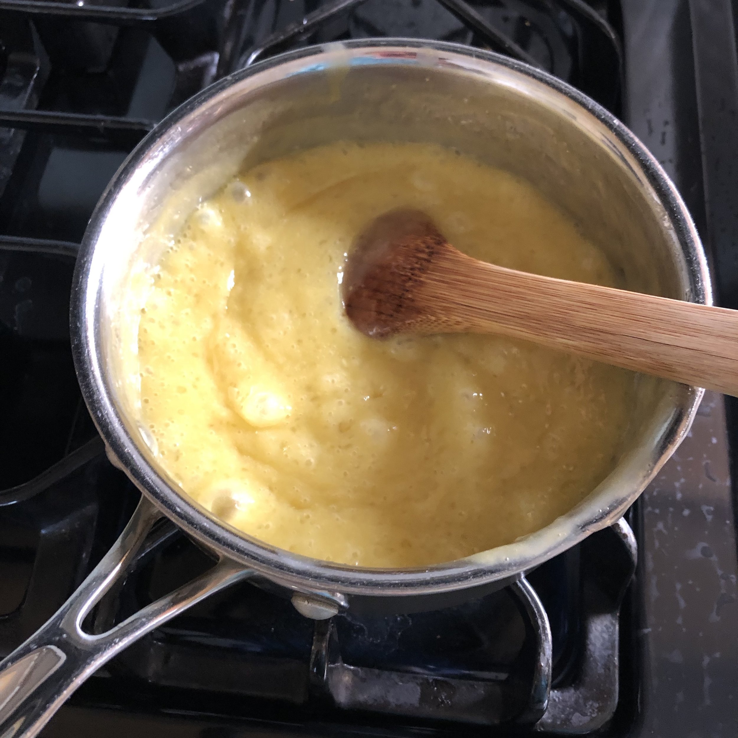  Cook mixture on medium high heat to thicken. It should bubble gently. Stir frequently. 