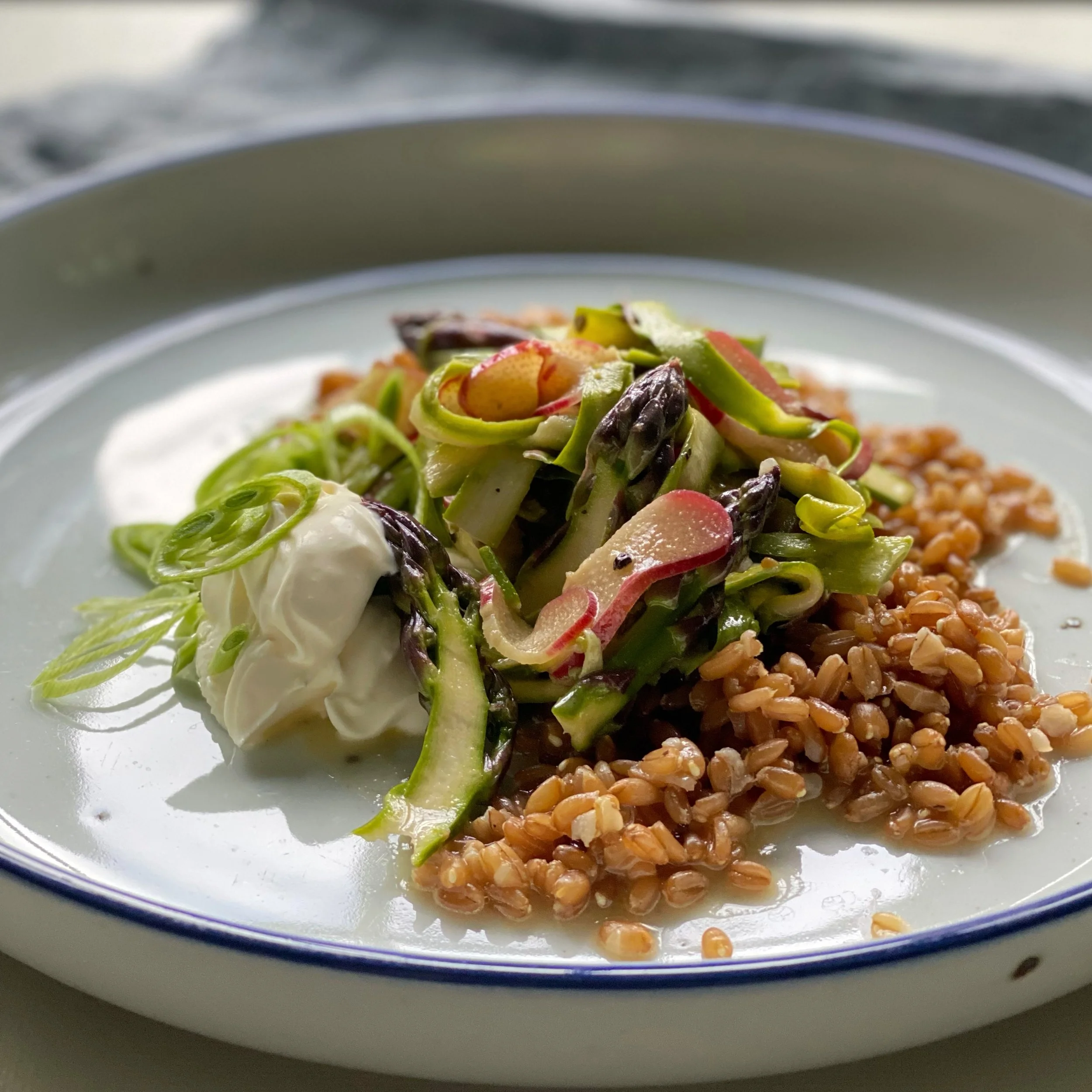 Shaved Asparagus and Rhubarb with Farro and Sherry Vinaigrette