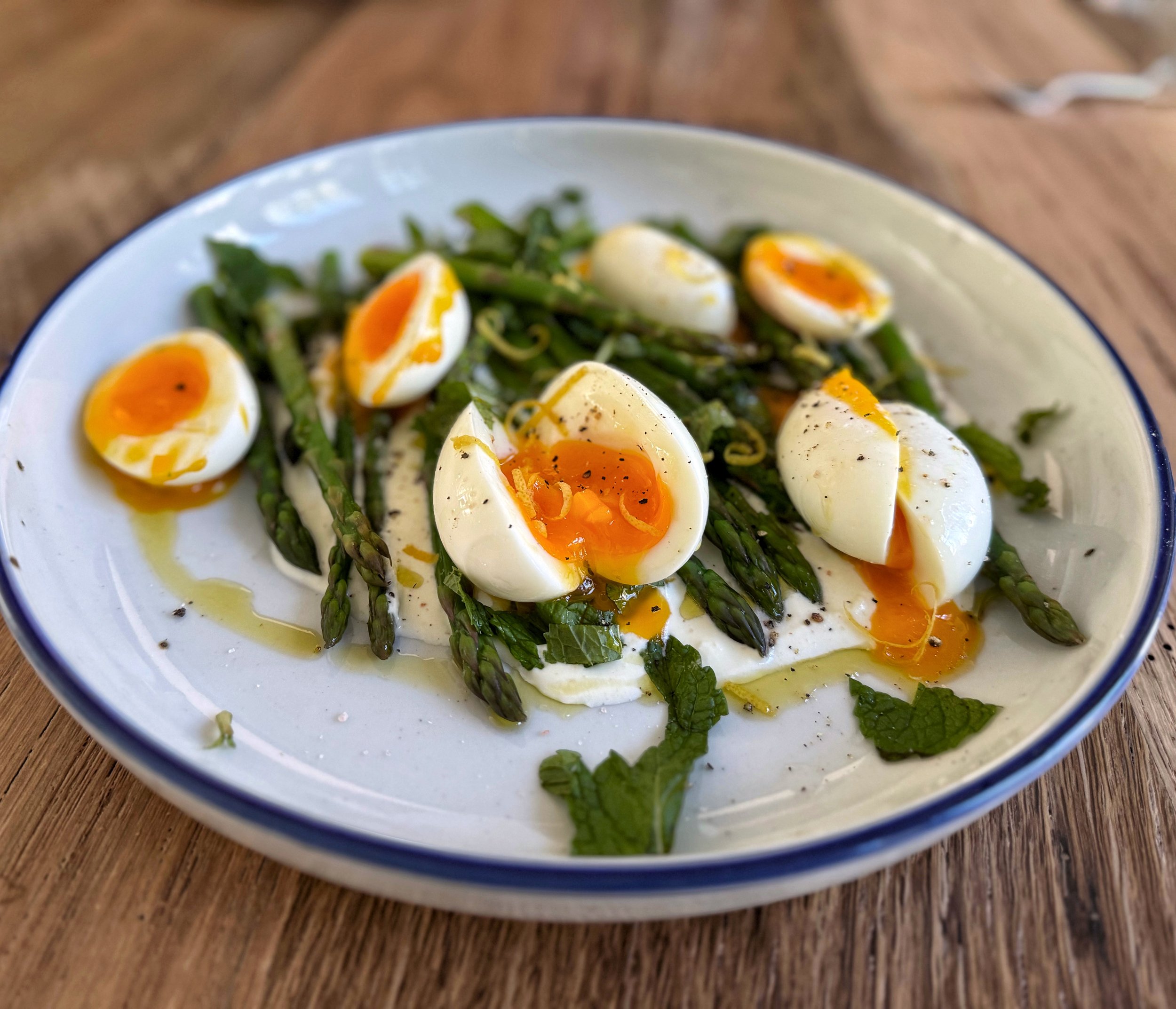 family style soft boiled eggs with whipped feta and asparagus spears.JPG