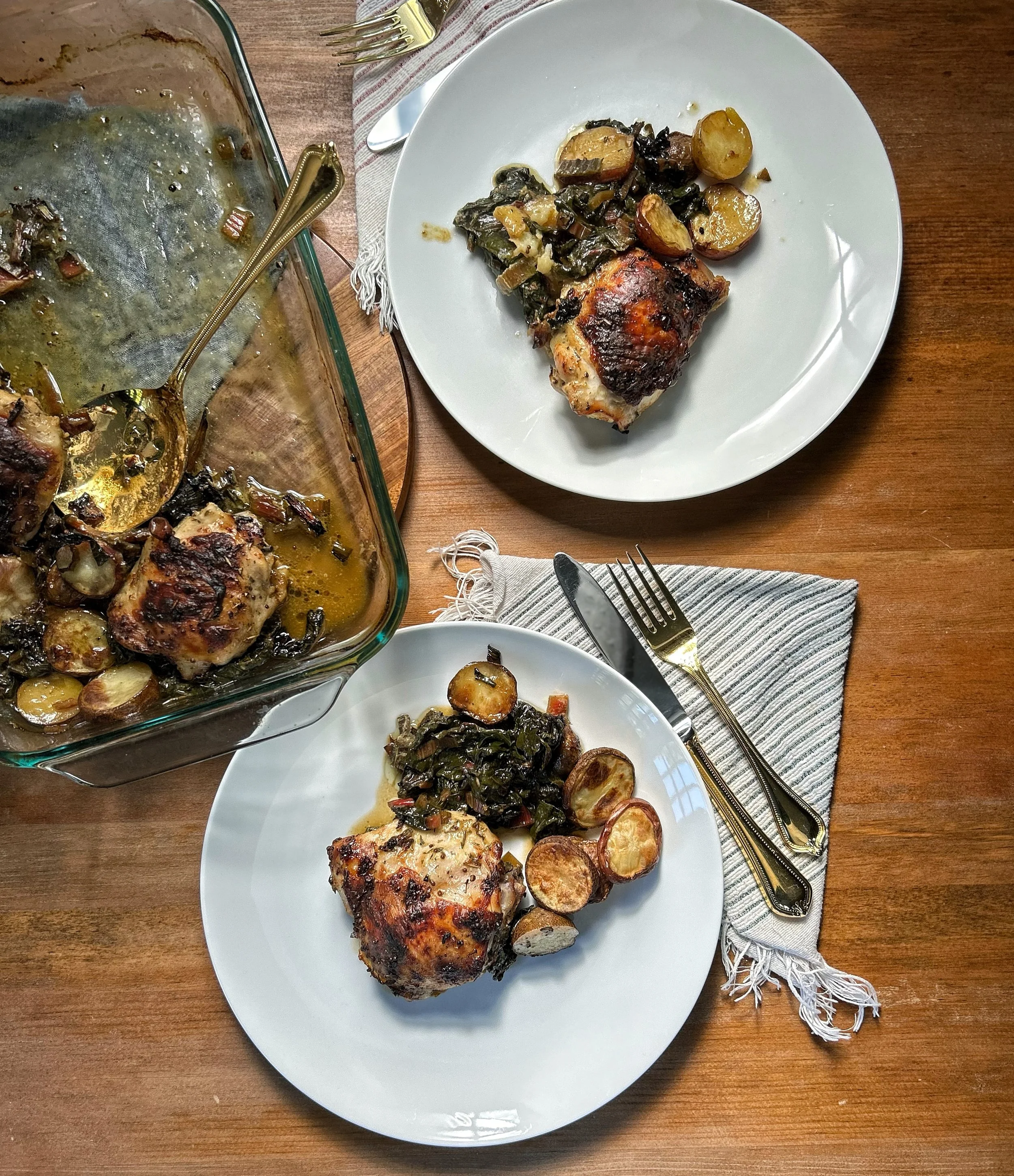 Mustardy Chicken Thighs with Braised Rainbow Chard and Roasted Potato Medallions
