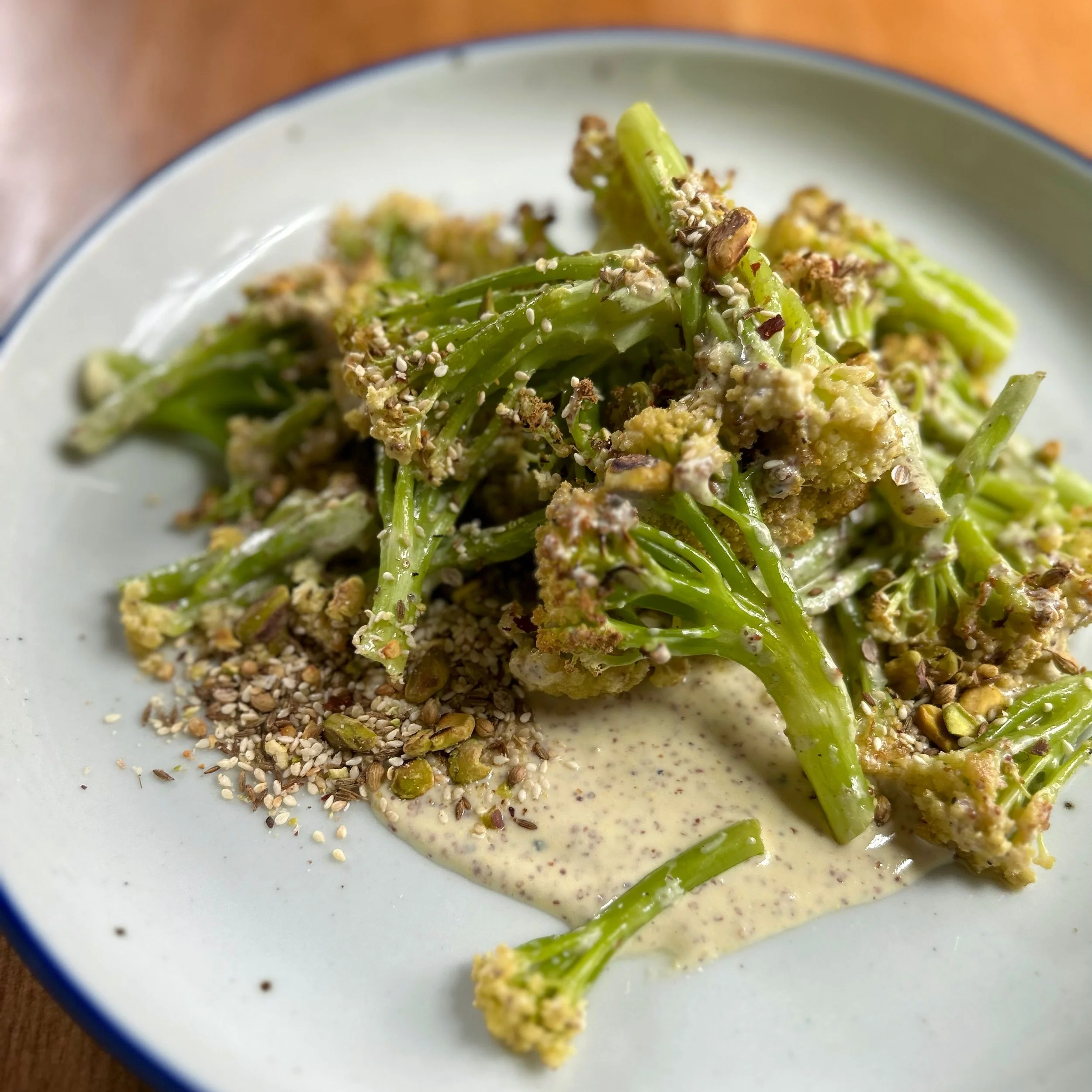 Roasted Baby Cauliflower with Creamy Mustard Vinaigrette and Sesame Pistachio Dukkah