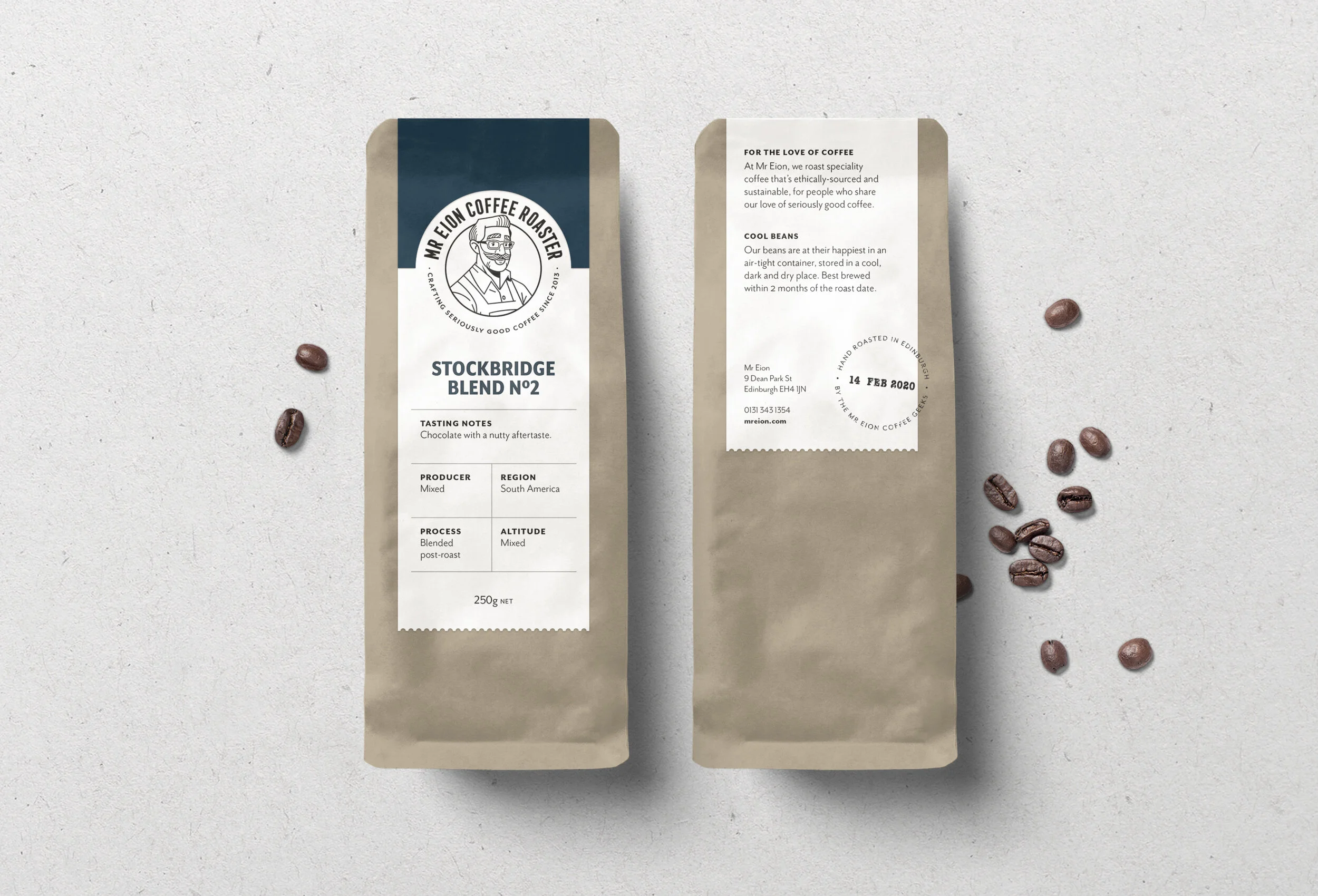  The company was founded by Eion Henderson, a self-confessed coffee geek, and a well-known face to locals. To bring Eion’s character into the new identity, we worked with artist Giulia Giovannini to create an illustration for the logo marque. The bra