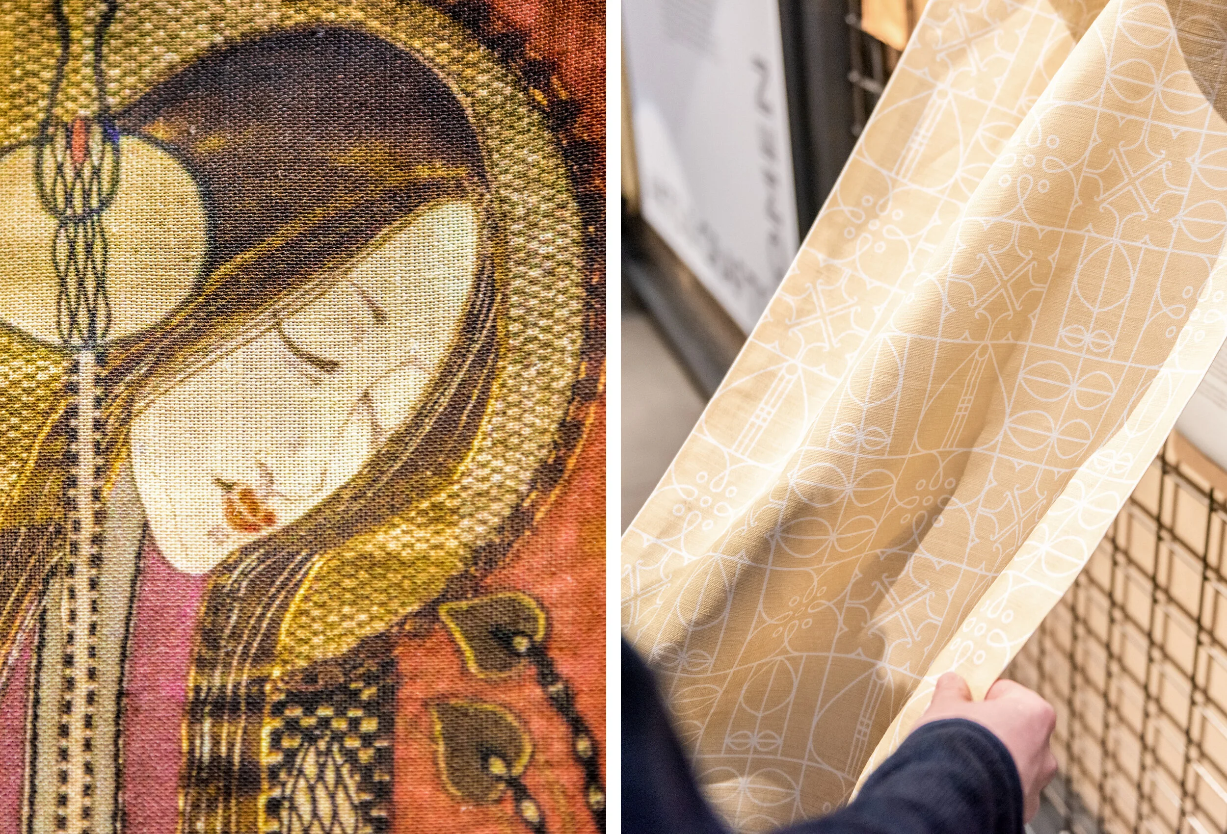  Three of the women featured in the exhibition studied at The Glasgow School of Art. We worked with the School’s Centre of Advanced Textiles to create fabric hangings for the exhibition design and to replicate some of the artists’ works, including Ma