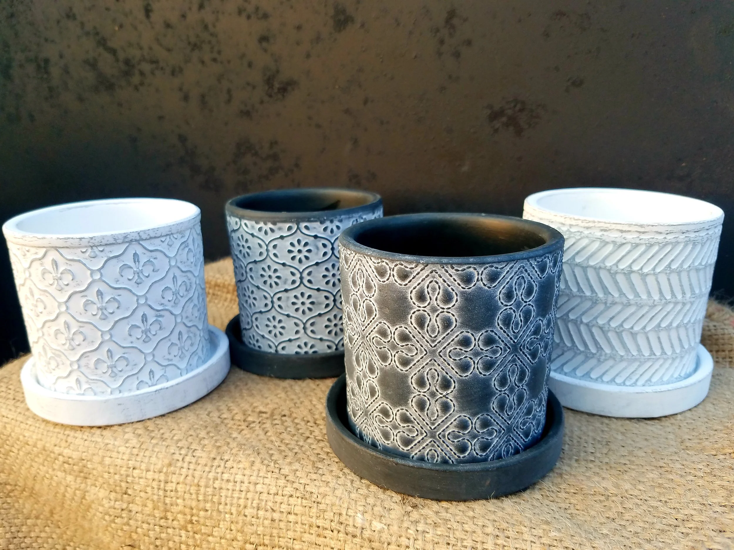 Left to Right. Fleur de Lis, Black Flowers, Black Lattice, White Leaves