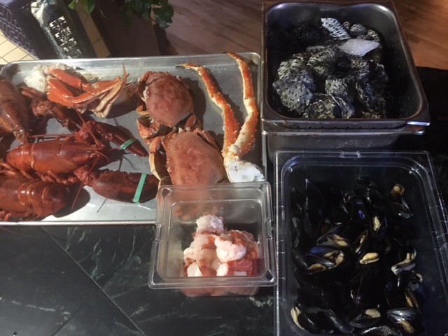Lobsters; snow, king, and dungeness crab; shrimp; mussles; oysters; clams.