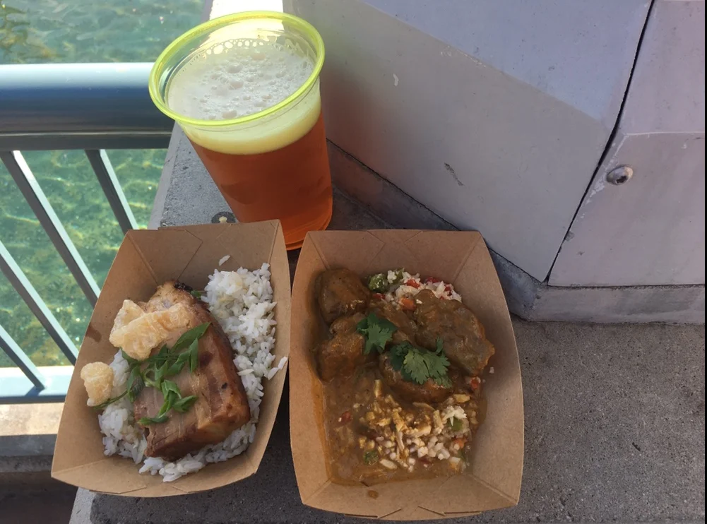 Braised Pork Belly Adobo with garlic fried rice and Braised Lamb Cheeks with Mediterranean cauliflower from Blissfully Braised.