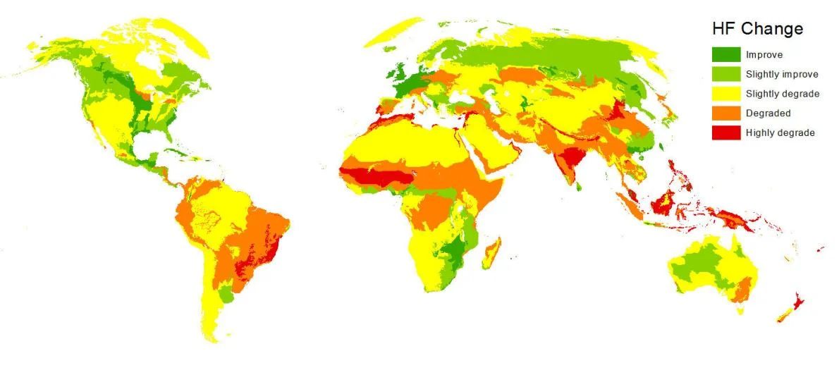 This map shows where humans' impact on the environment increased or decreased from 1993 to 2009. Courtesy Oscar Venter