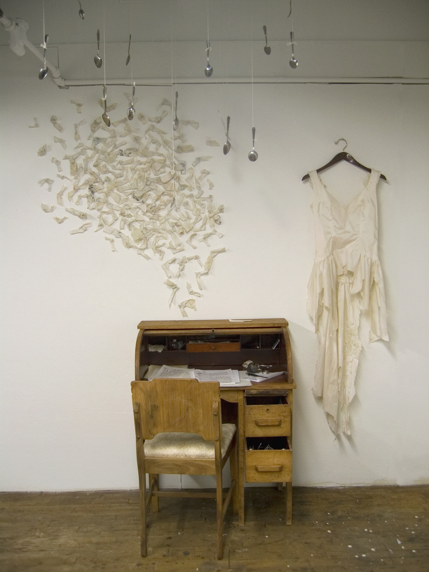    Seshat’s desk with gossiping swarm   , 2008, desk, fabric, objects, 7.5 h x 8 h x 3 h feet  