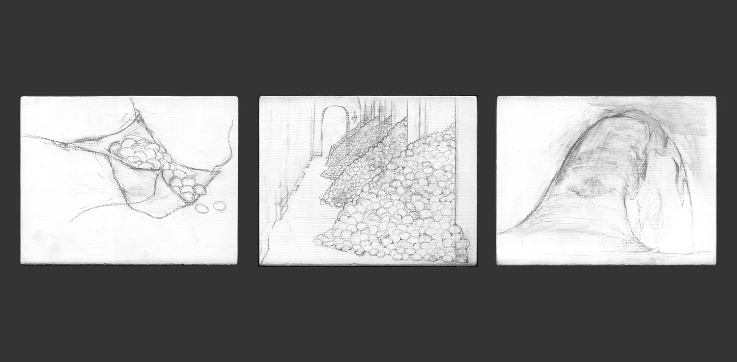 Egg Palace Triptych , 2008, graphite on gessoed panel, ea: 3 3/4 x 4 3/4 in.