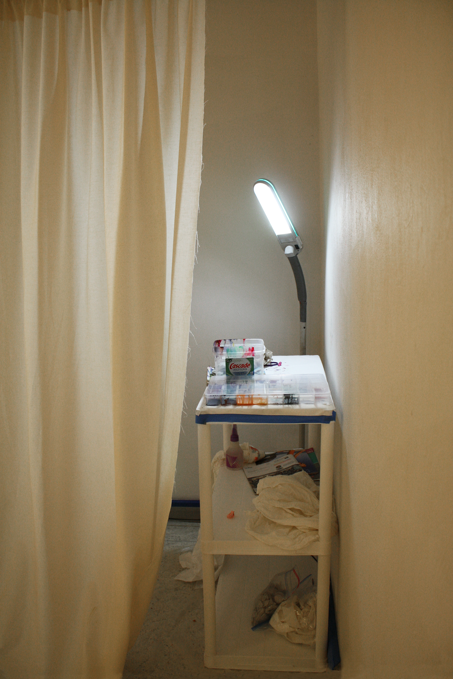 Today speak only in pictures , 2013, artist's workspace behind the curtain