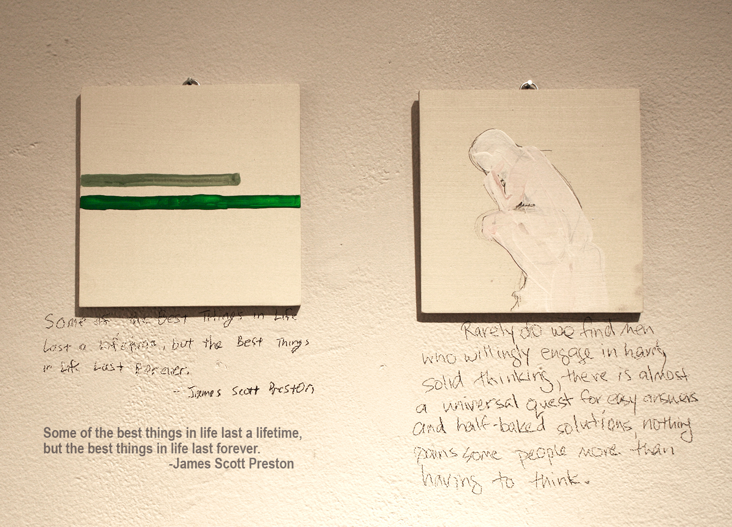 Today speak only in pictures , 2013, 2 of 75 completed paintings, 2013, acrylic on wood, 5.5 x 5.5 in.