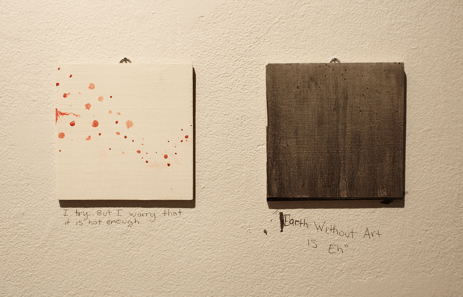 Today speak only in pictures , 2013, 2 of 75 completed paintings, 2013, acrylic on wood, 5.5 x 5.5 in.