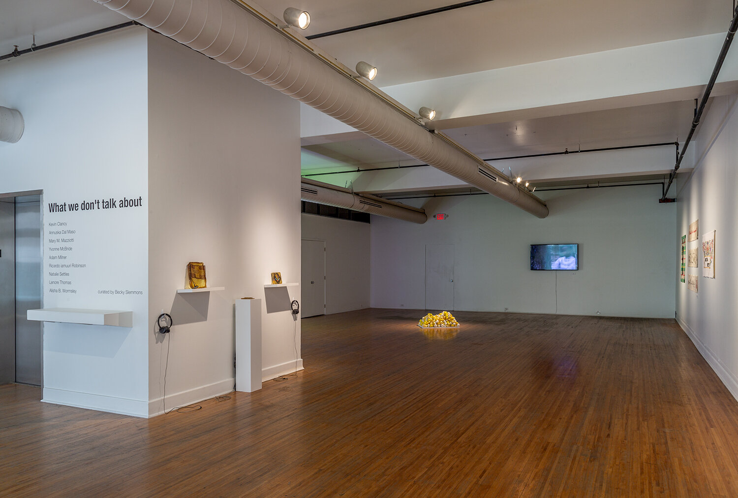  Left to right, artwork by: Alisha B. Wormsley, Lenore Thomas (installation), Alisha B. Wormsley (video), and Mary M. Mazziotti (embroidered textiles on wall, at extreme angle). Photo by Ivette Spradlin.  