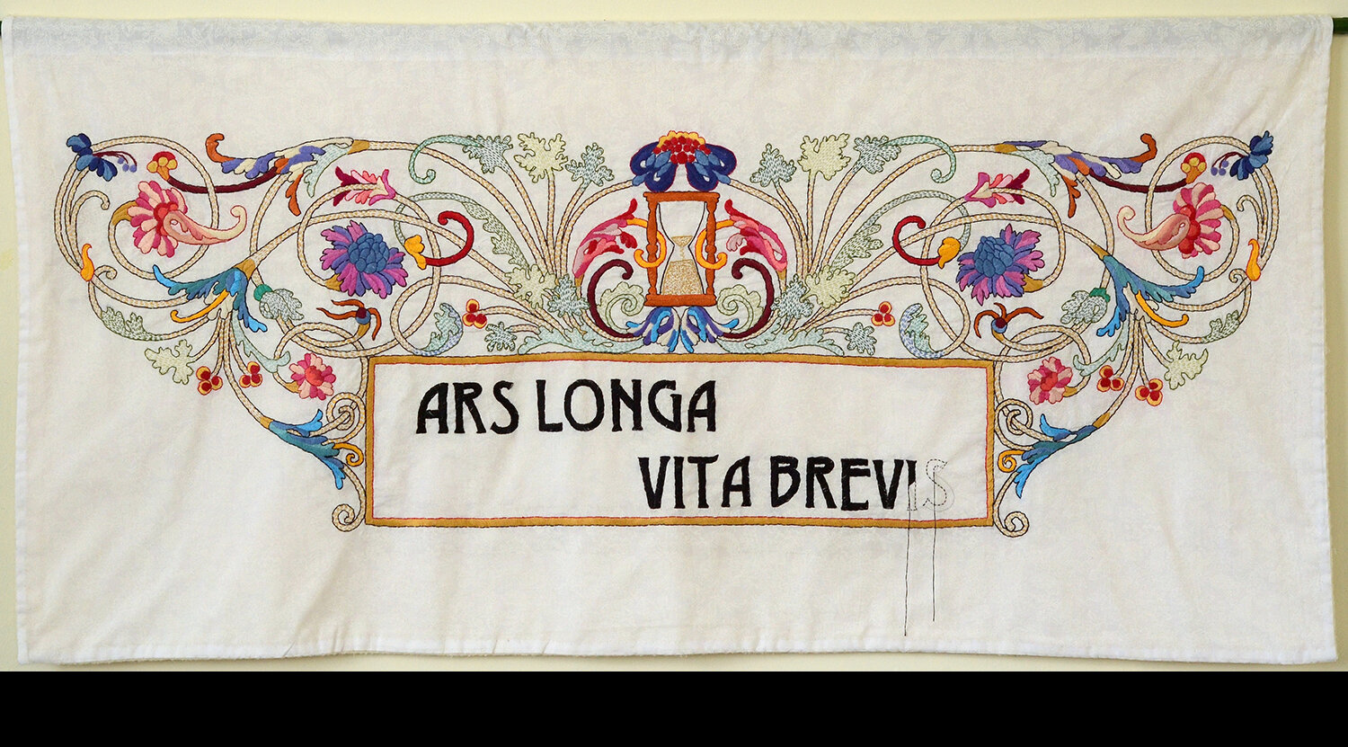   Mary M. Mazziotti , from the series  Ars Longa, Vita Brevis: Hourglass , 2015, hand-embroidery on textile, 24” x 51” 