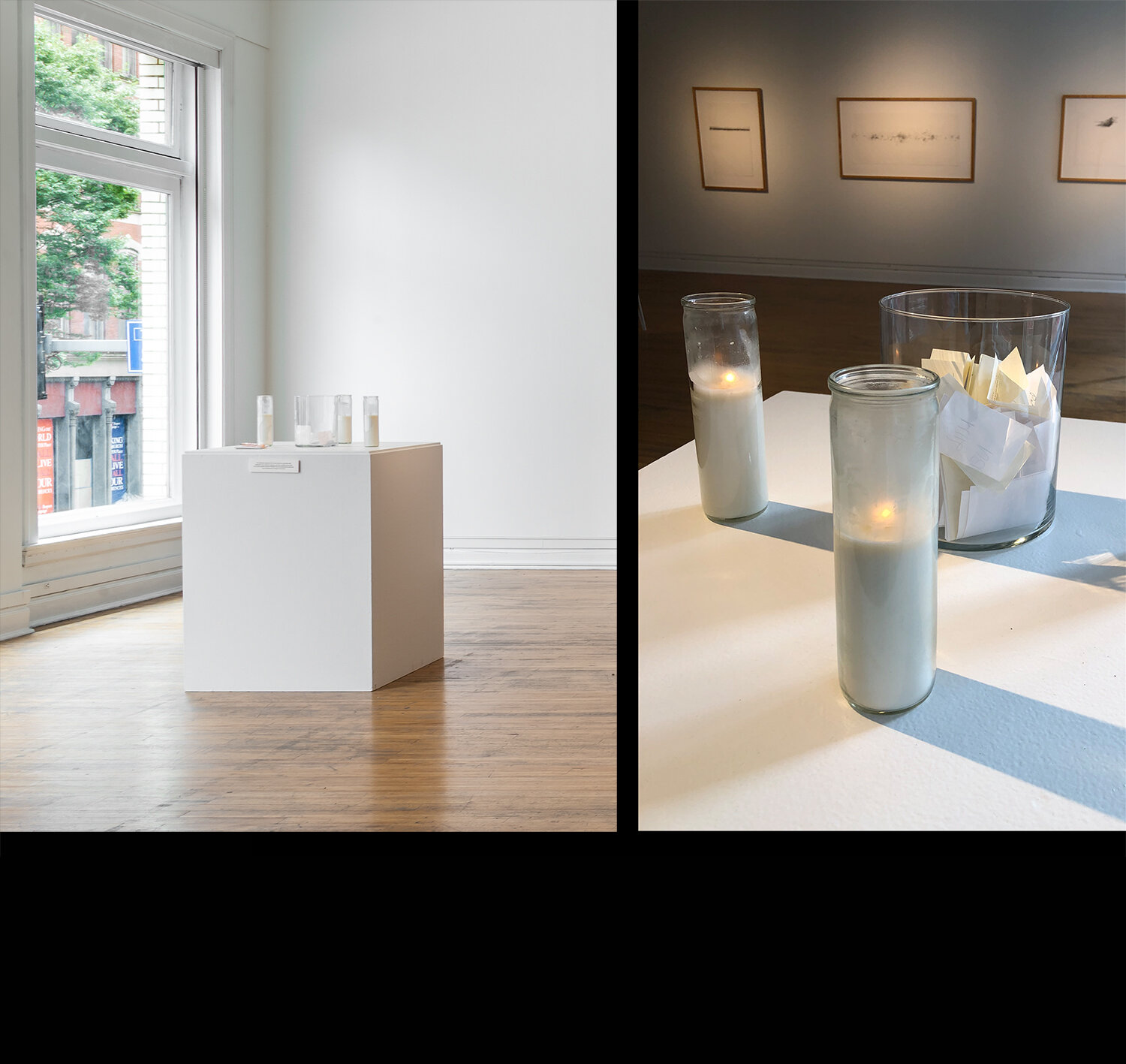   Yvonne McBride  This candle-lit pedestal represents the former site of an ancestral alter, created for the exhibition opening, and then partially dismantled. Gallery visitors were invited to write the name(s) of transitioned ancestor(s), and contri