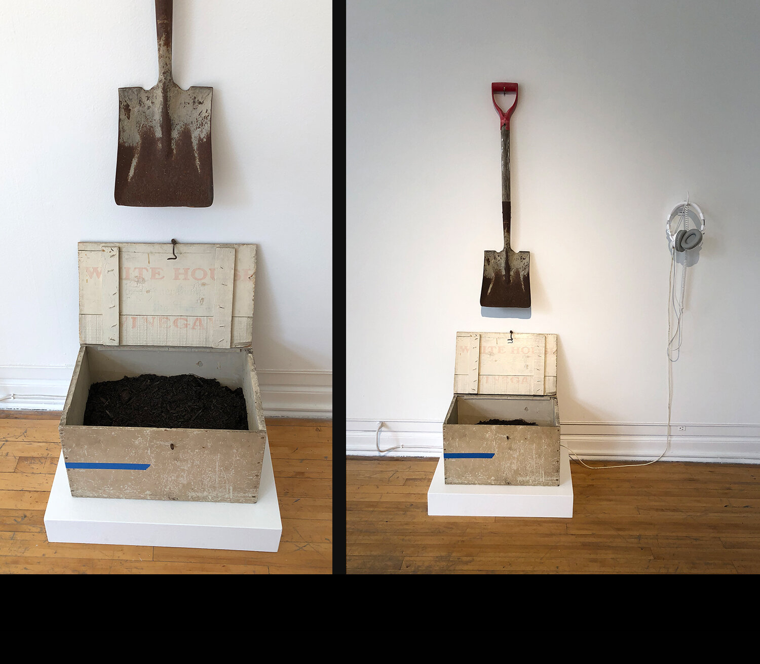   Ricardo iamuuri Robinson ,  Untitled Sound Art U.S.A ., 2019, shovel, wooden box with American soil, sound, (detail on left) 