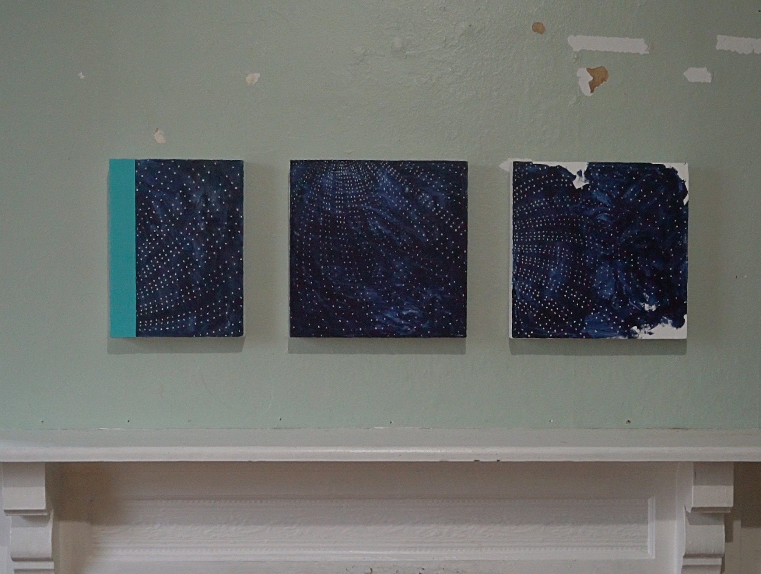   Wall-less night sky for the nameless clerk’s wife.  2023. Acrylic and Flashe on lime plaster on panel. Triptych: 12 x 9 inches, 12 x 12 inches, 12 x 12 inches.   