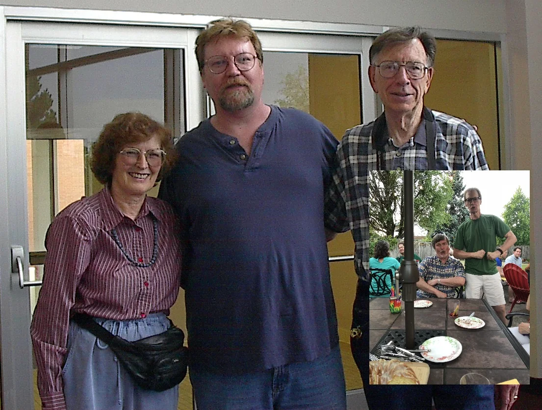 That’s me in the middle, age 43, with former professors; inset, my 60th birthday