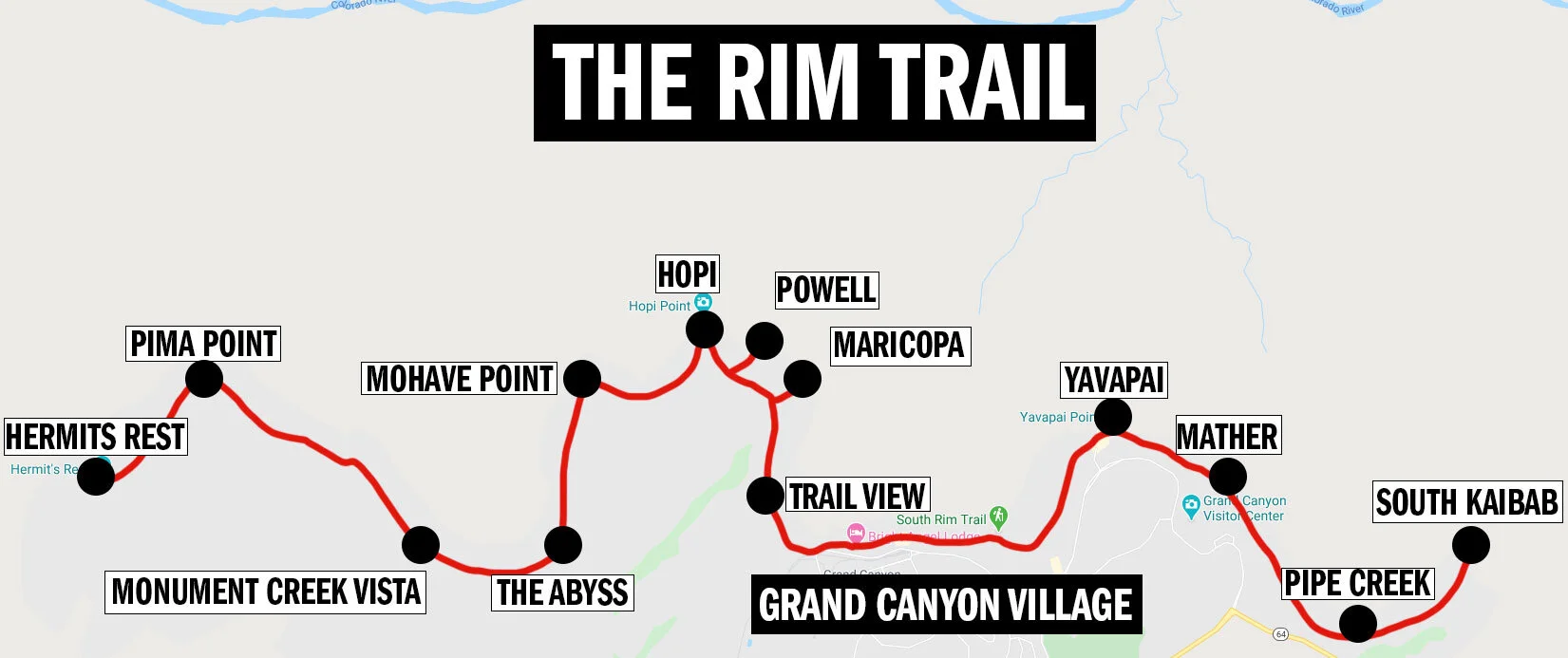 The best Grand Canyon Hikes stunning - Rim Trail Grand Canyon Map