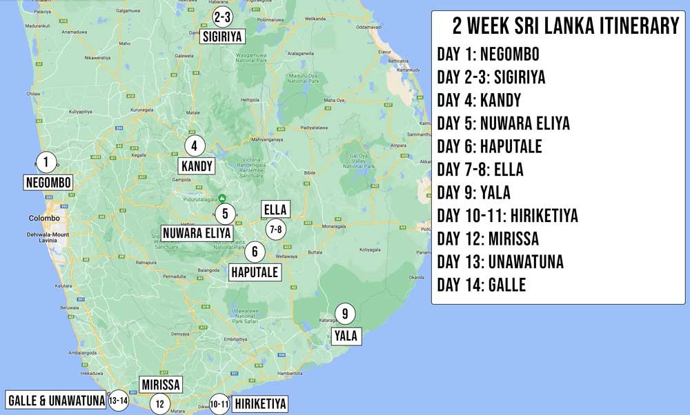 Sri lanka itinerary map