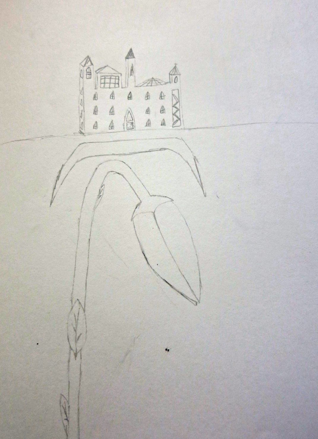 “The great grey school is looming above us”. Illustration by Oliver Knight, Year 8, Sompting Abbotts Preparatory School