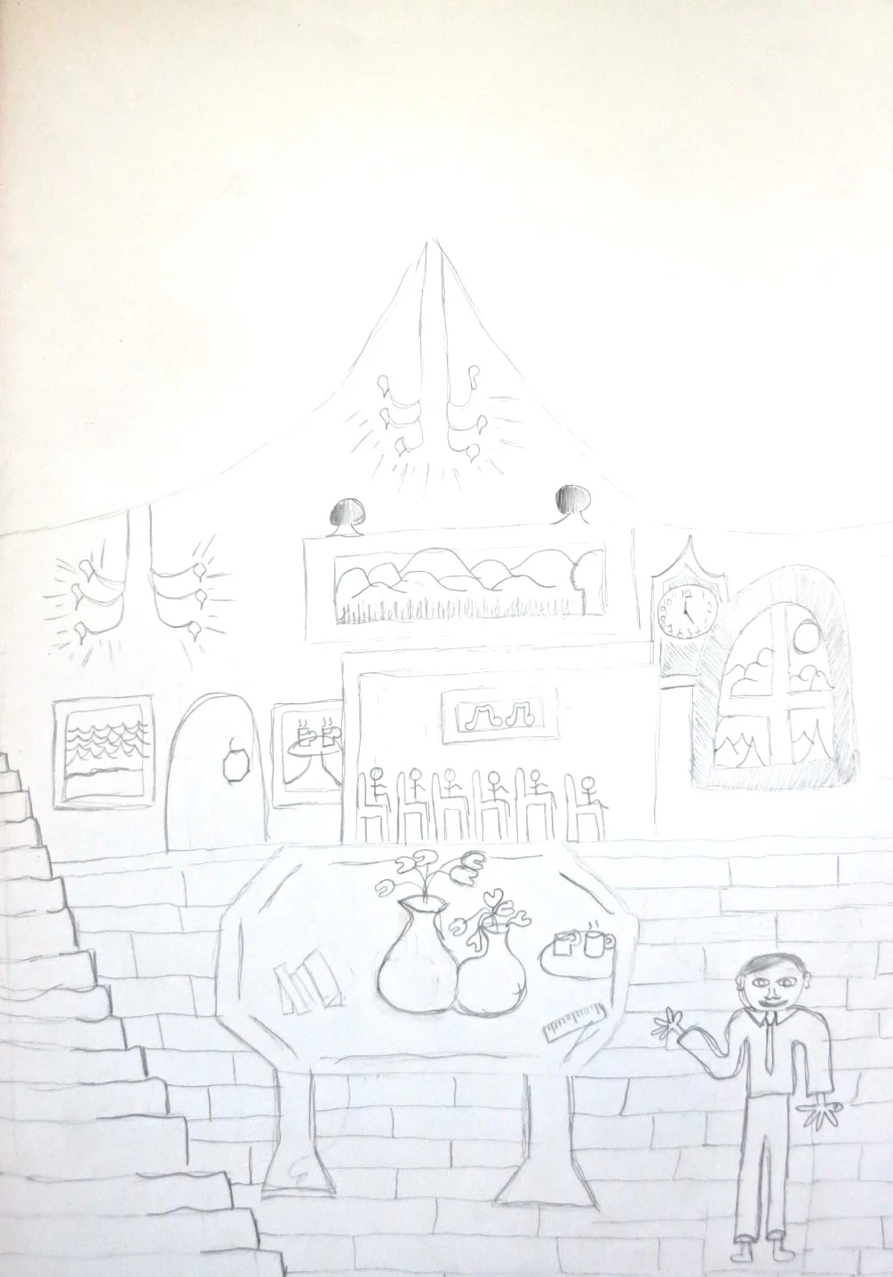 “The chandelier rains down golden light.” Illustration by Chloe M, Year 8, Sompting Abbotts Preparatory School