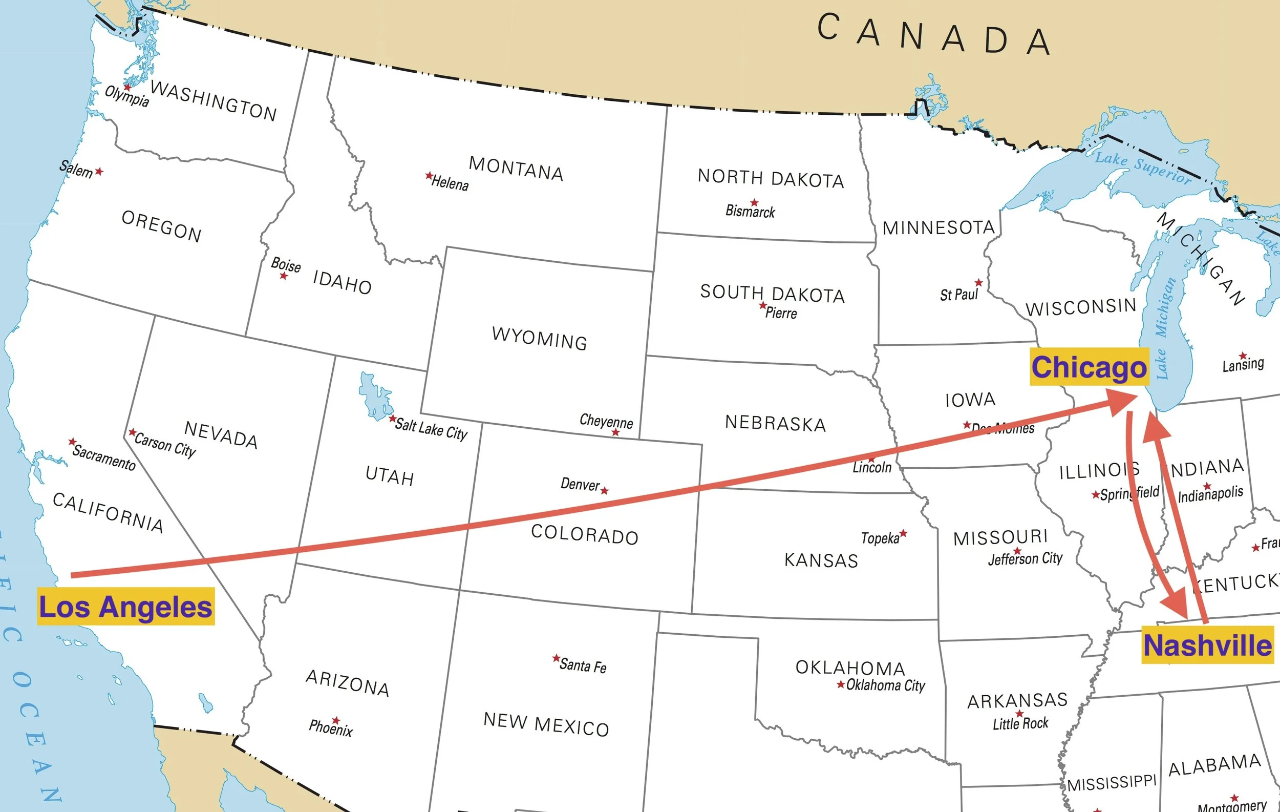 Los Angeles then by Amtrak to Chicago..then bus to Nashville and back!