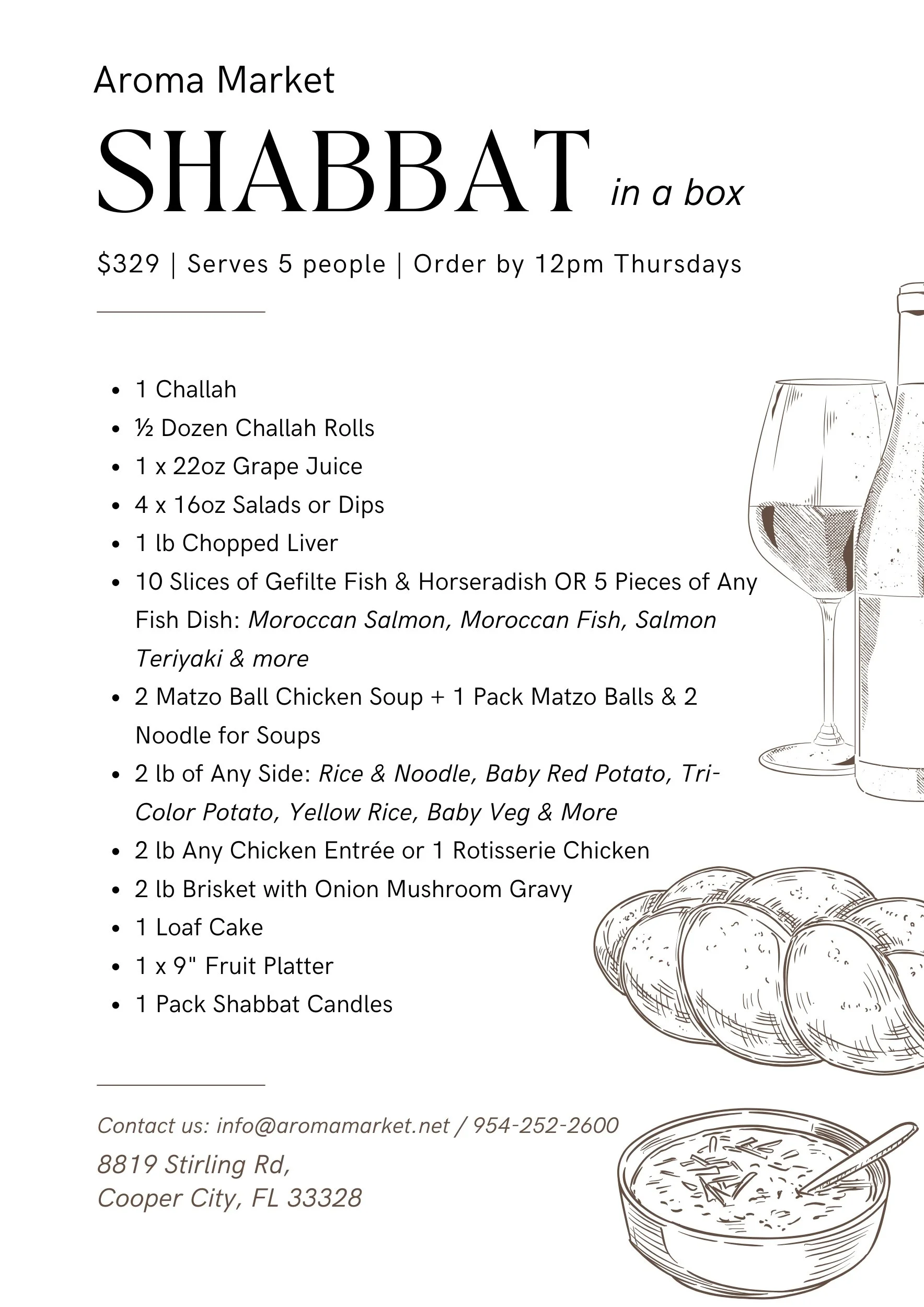 Weekly Shabbat catering menu at Aroma Market - Shabbat in a Box