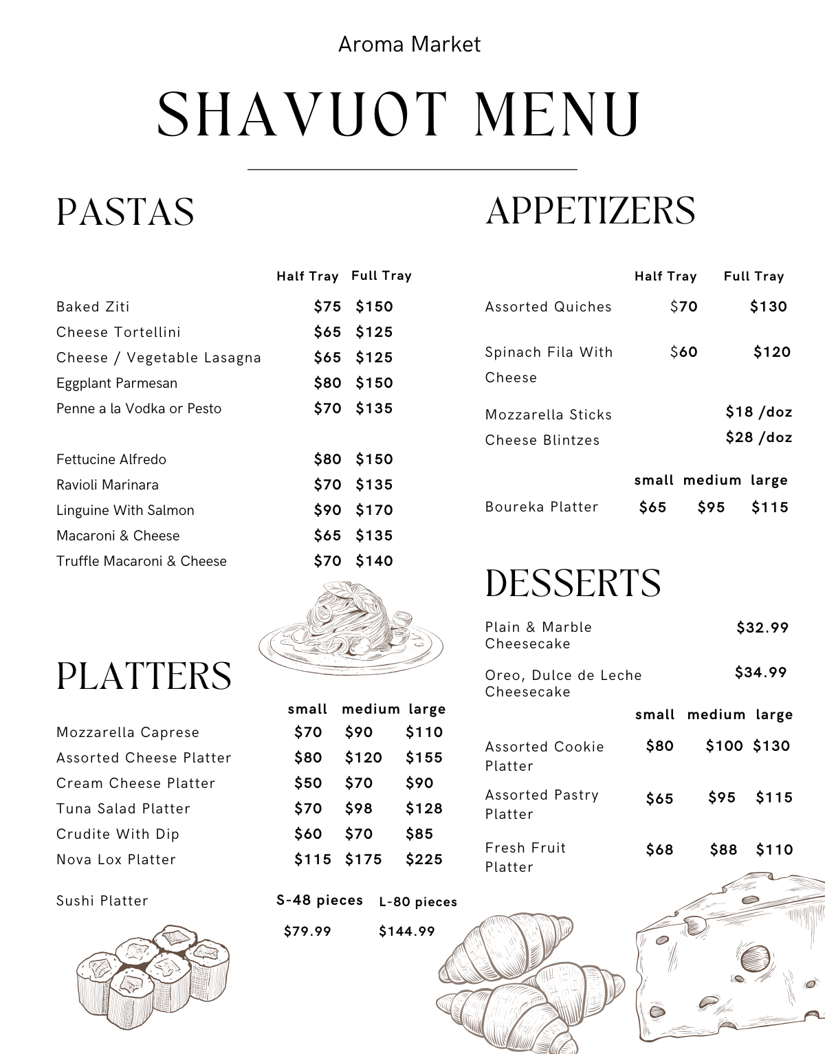 Aroma Market's Catering menu for Shavuot