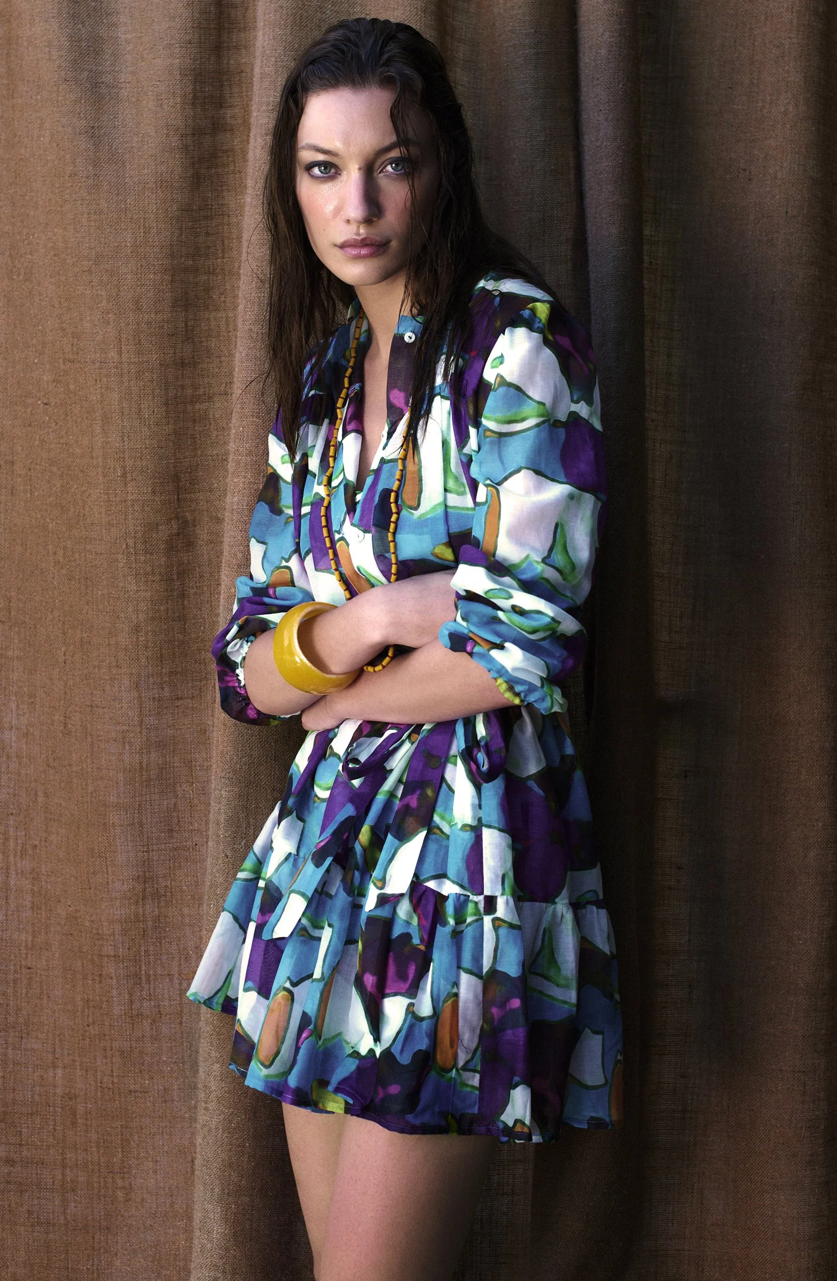ZANZIBAR MINI DRESS IN COTTON AND SILK VOILE CELESTE KOLAM PRINT