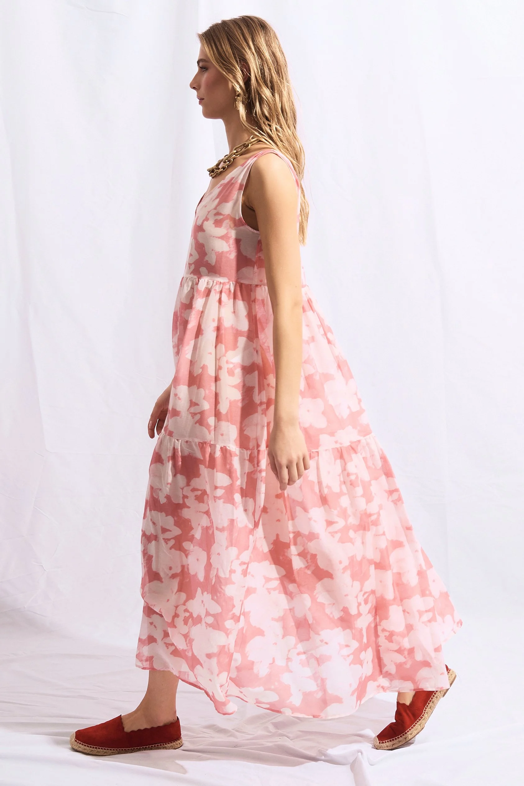 HABANA DRESS IN COTTON AND SILK FLAMINGO SURFINIA PRINT