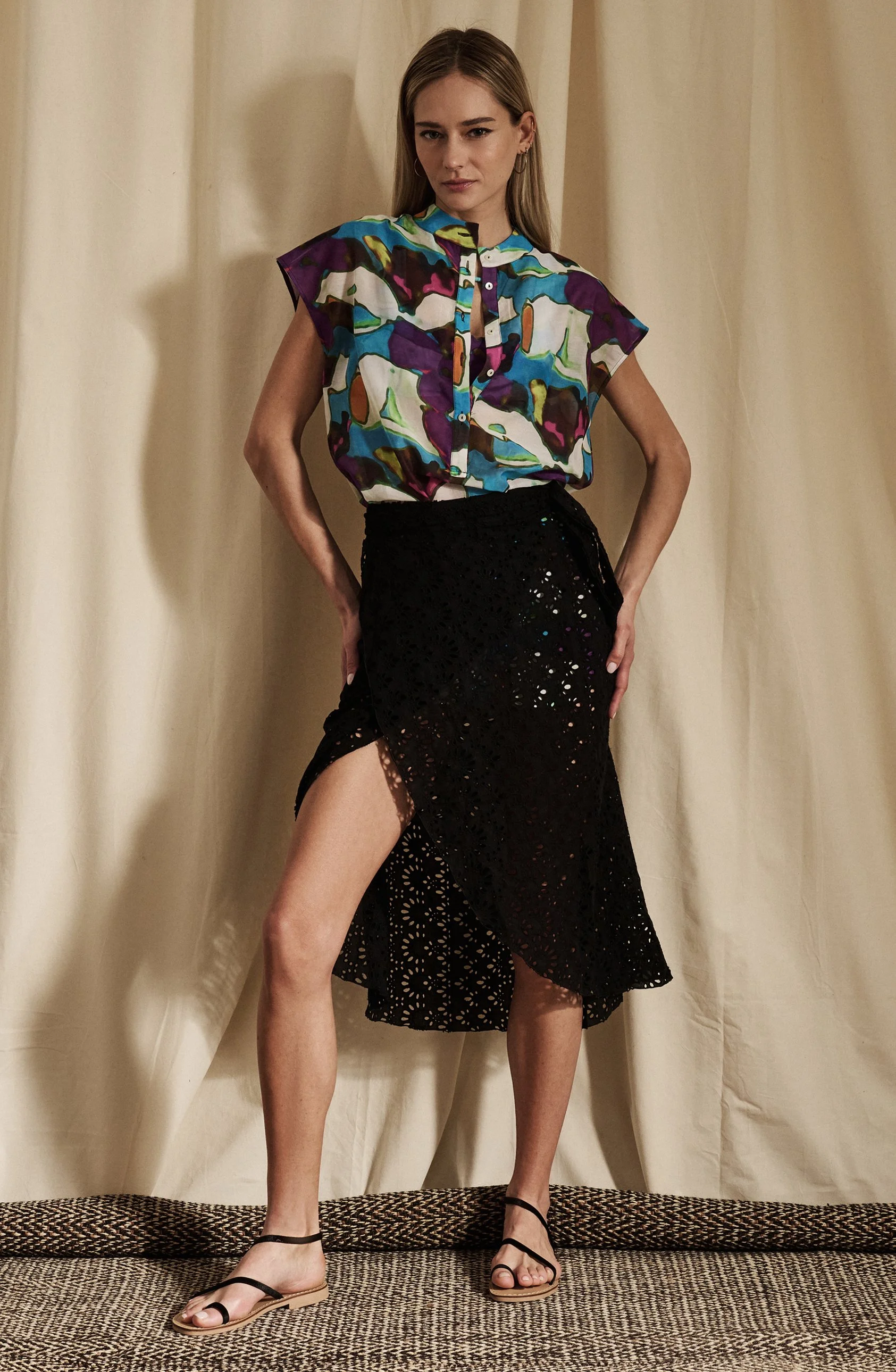 BILBAO PAREO SKIRT IN BERGAMOTE BLACK SANGALLO EMBROIDERY