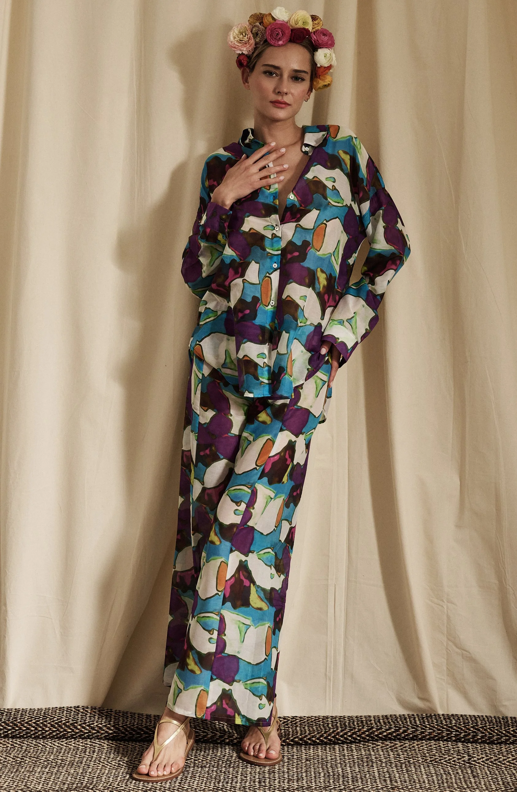 TARTANA PANTS IN COTTON AND SILK CELESTE KOLAM PRINT