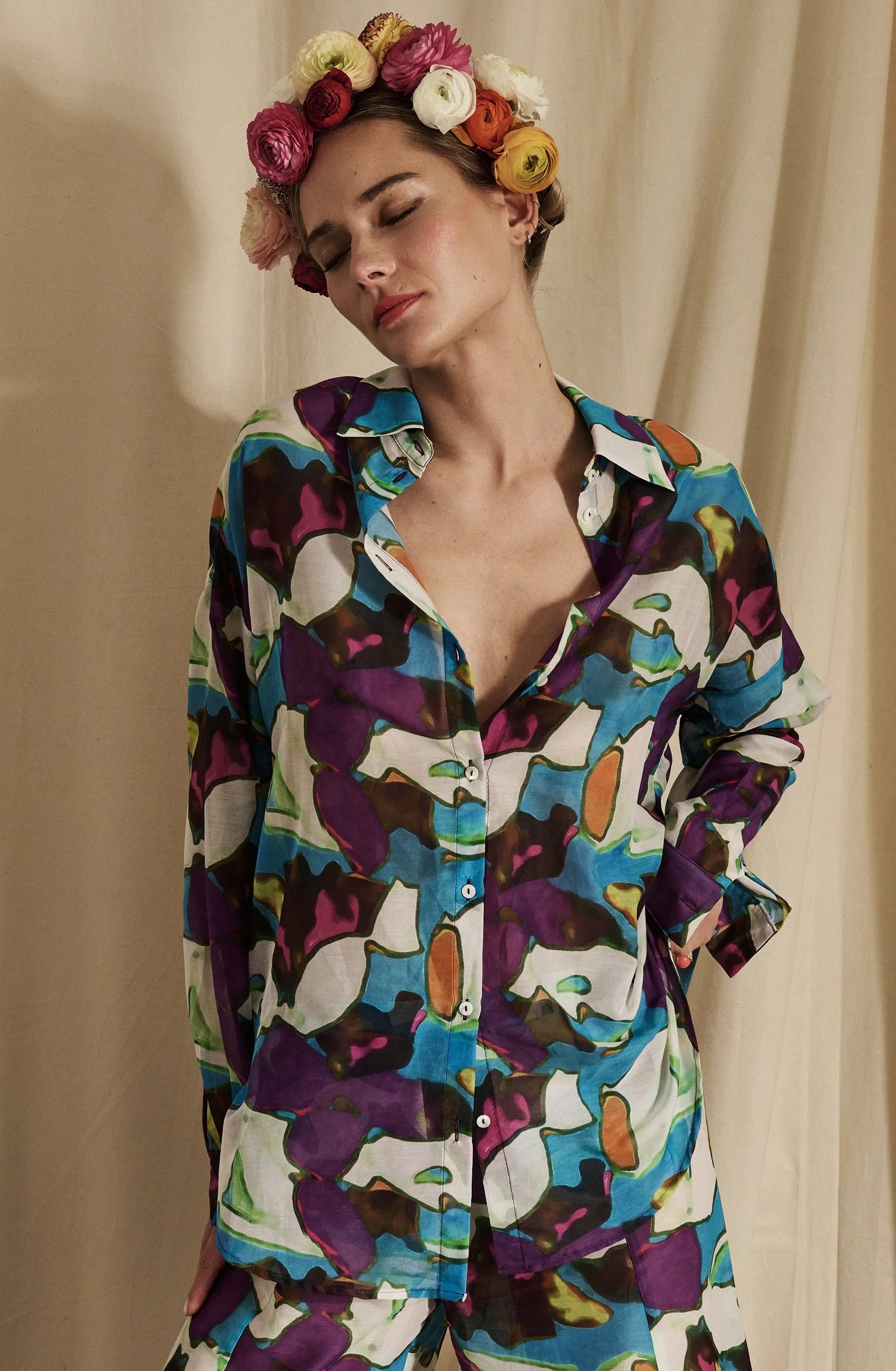 PANTELLERIA SHIRT IN COTTON SILK VOILE CELESTE KOLAM PRINT