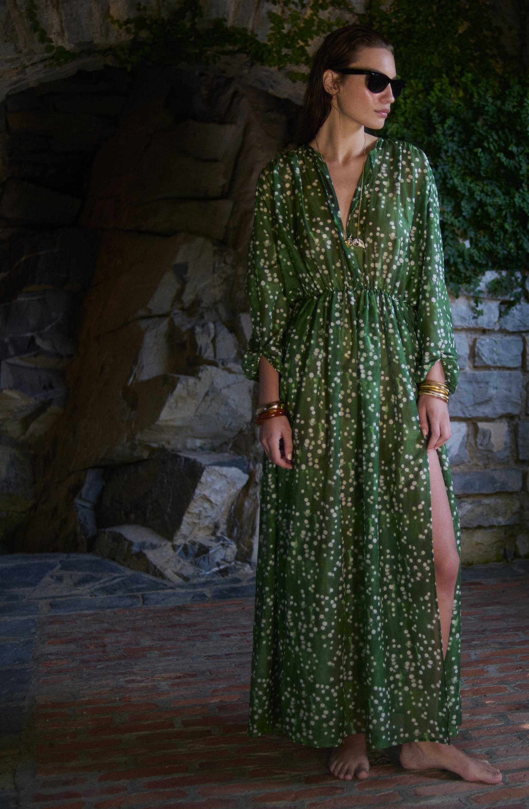 BANGALORE DRESS IN COTTO AND SILK VOILE EMERALD DILAWI PRINT