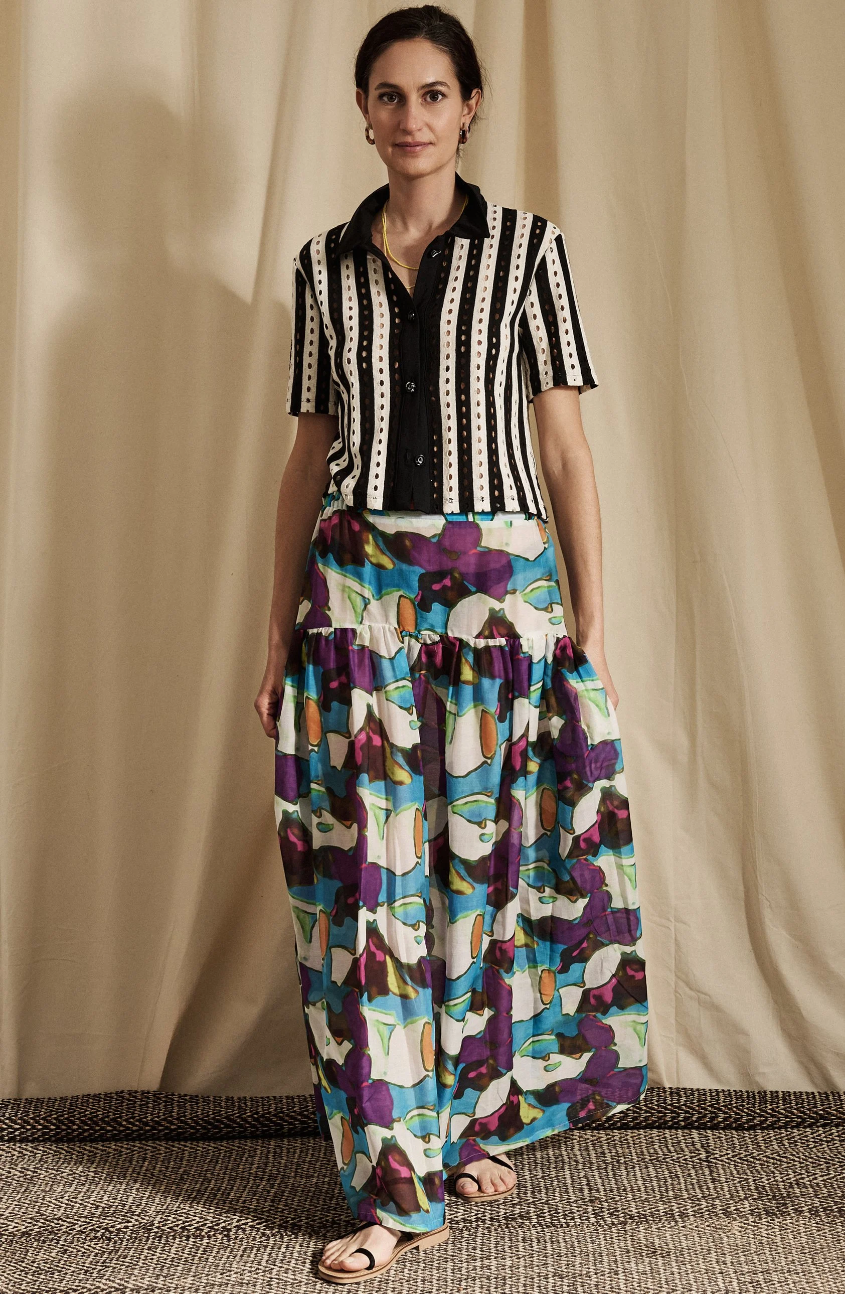 GOA skirt cotton&silk voile in kolam print + PAJE polo shirt in binic chrochet front.jpg