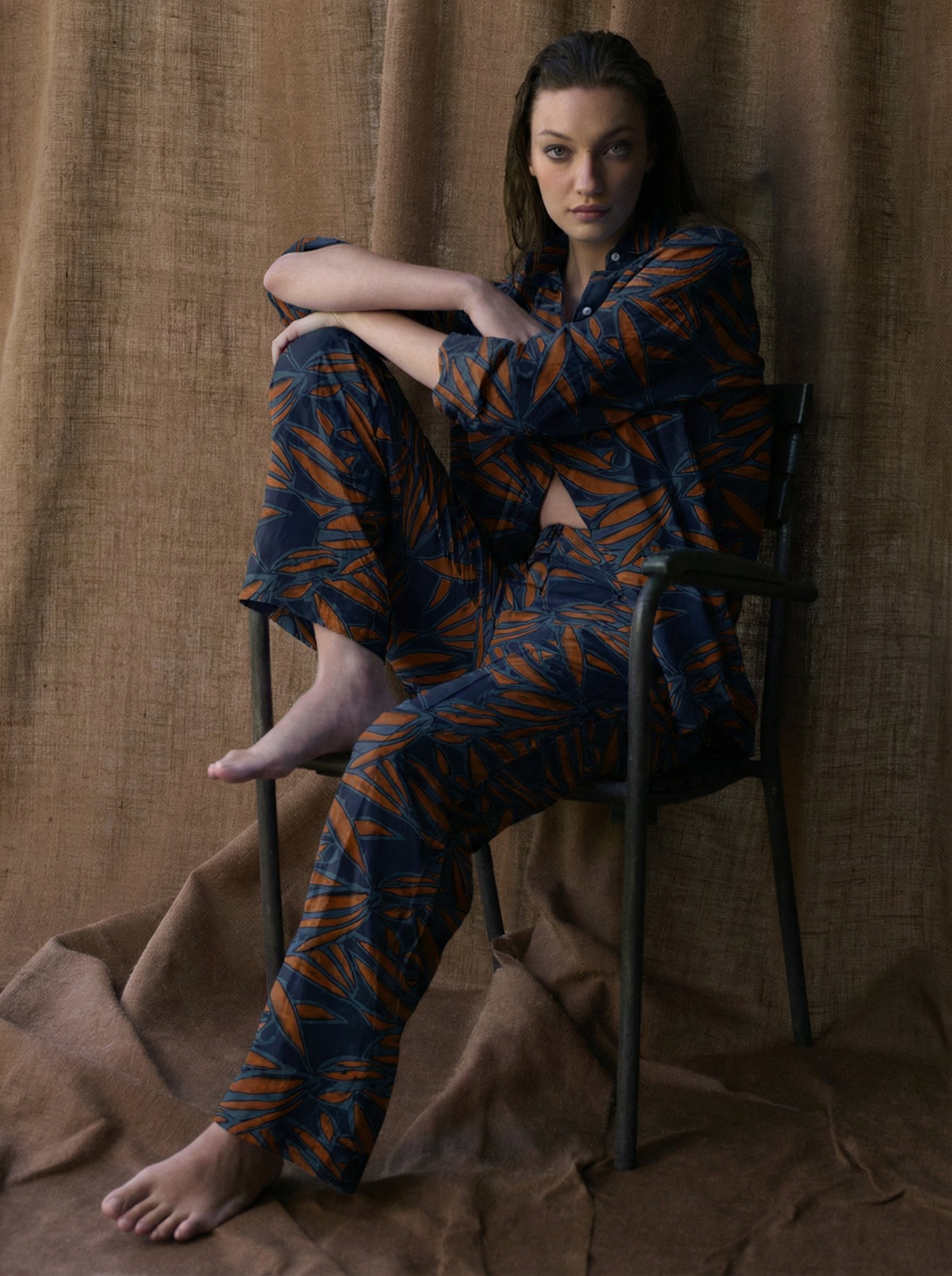 TARTANA PANTS IN COTTON AND SILK NAVY/RUST KAMALA PRINT
