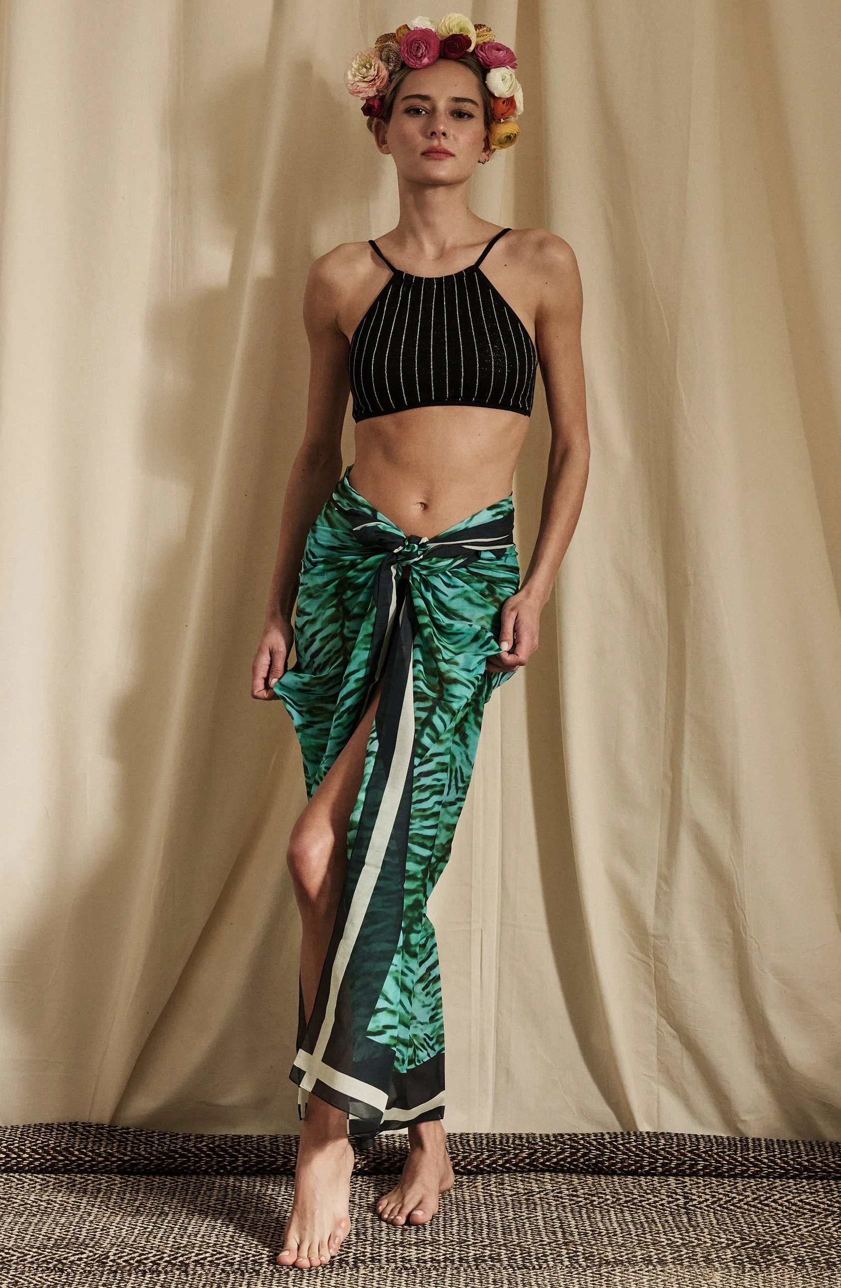 POSITANO pareo cotton&silk voile in hawa print SAN SEBASTIAN bikini in brigitte pinstriped lurex front2.jpg