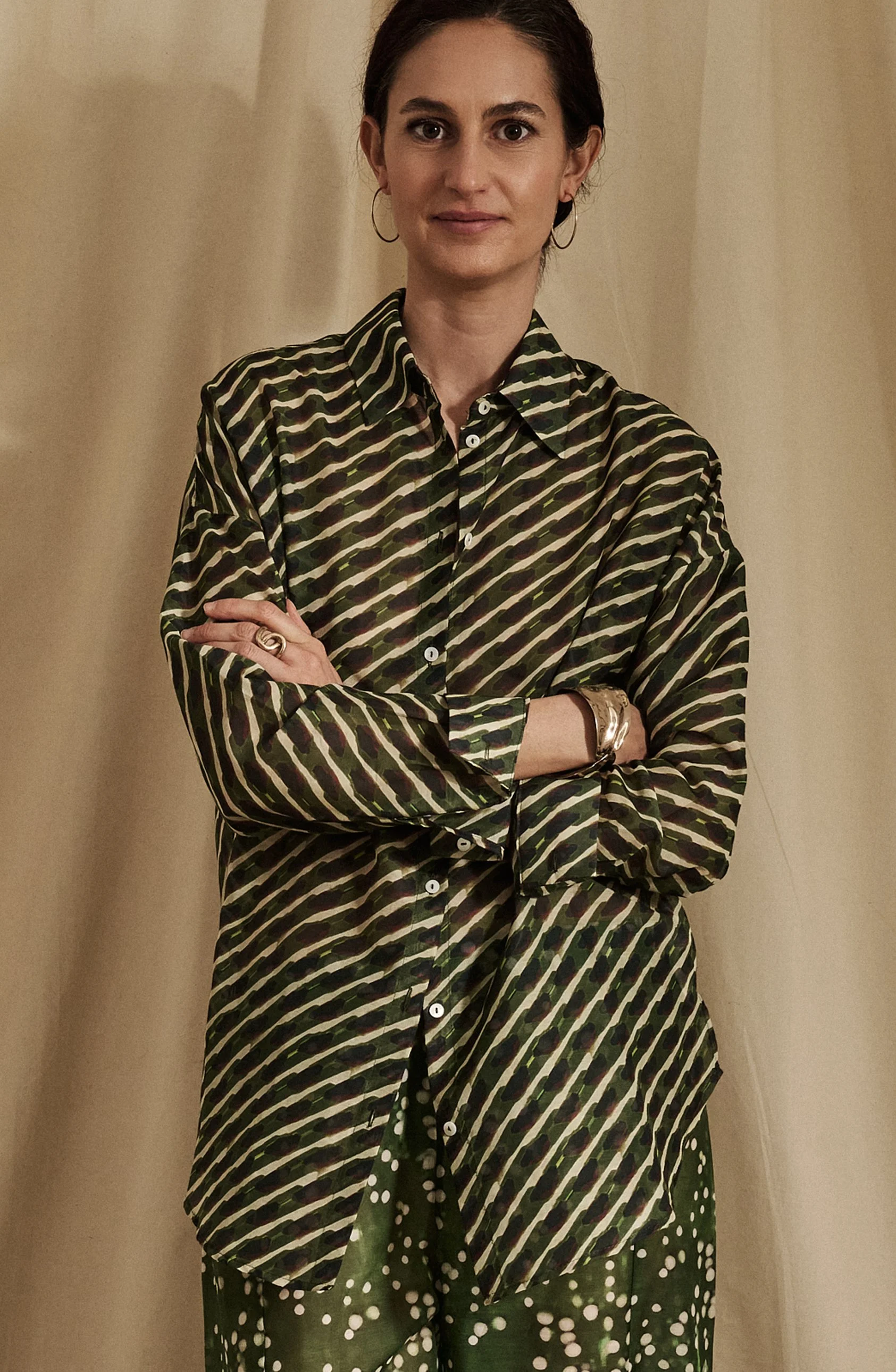 PANTELLERIA SHIRT IN COTTON SILK VOILE GREEN/BROWN/CREAM SAREE PRINT
