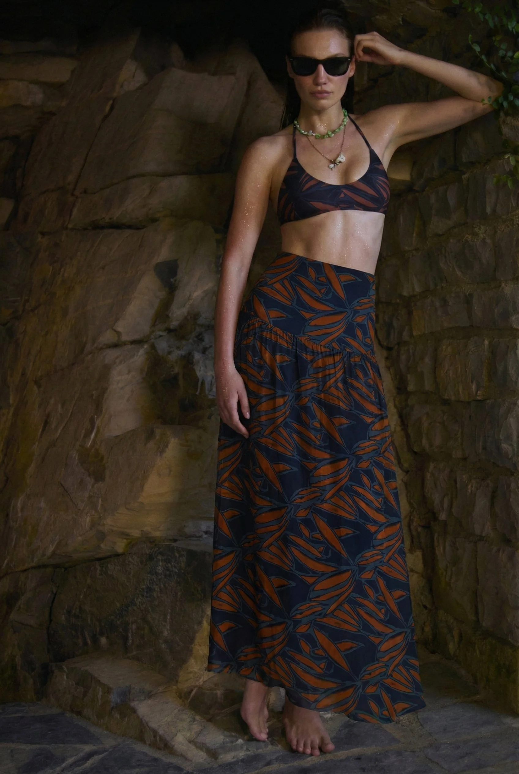 GOA SKIRT IN COTTON AND SILK VOILE NAVY/RUST KAMALA PRINT