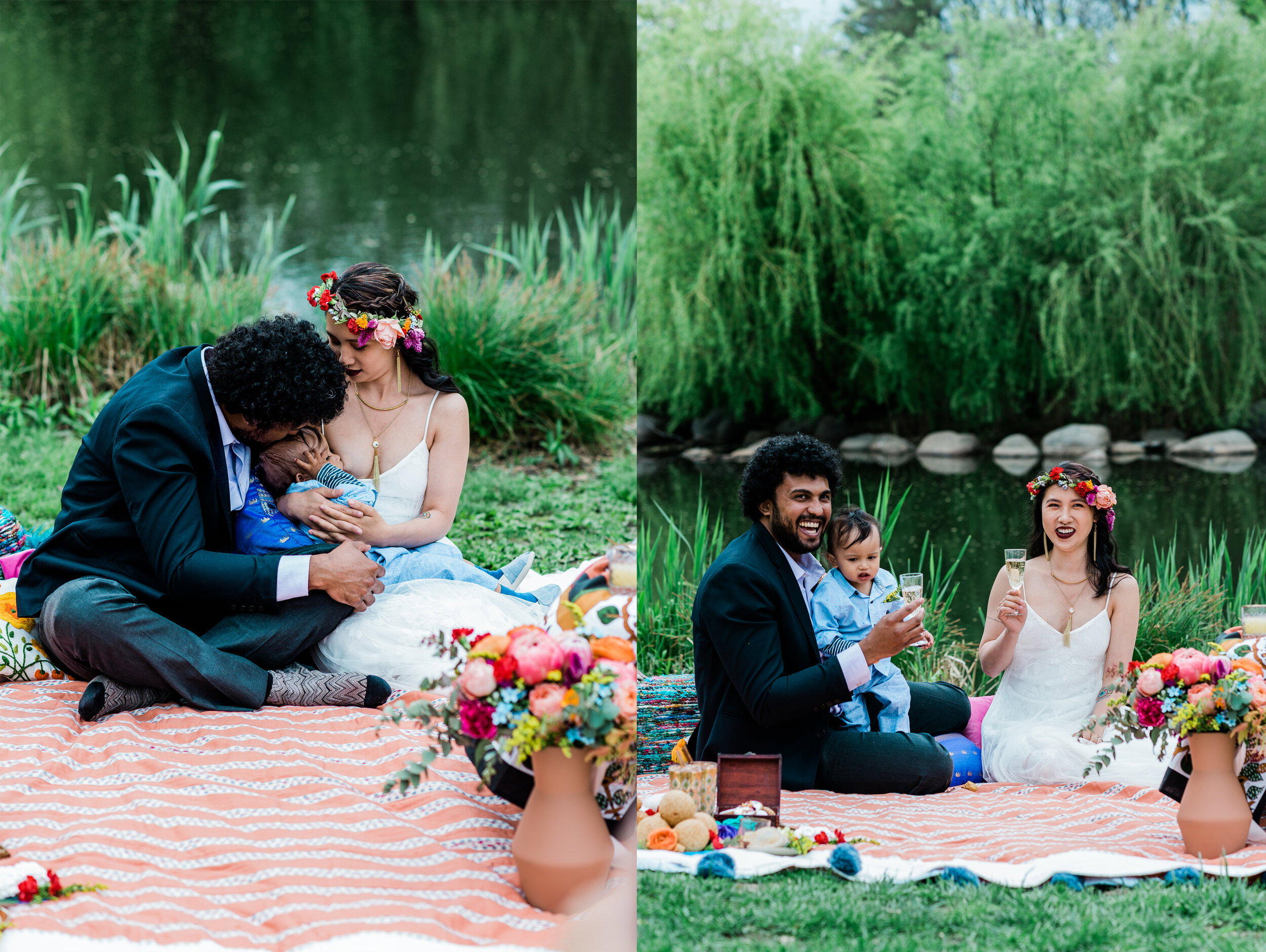 bride and groom enjoying Prosecco on the wedding picnic blanket along with their toddler son (Copy)