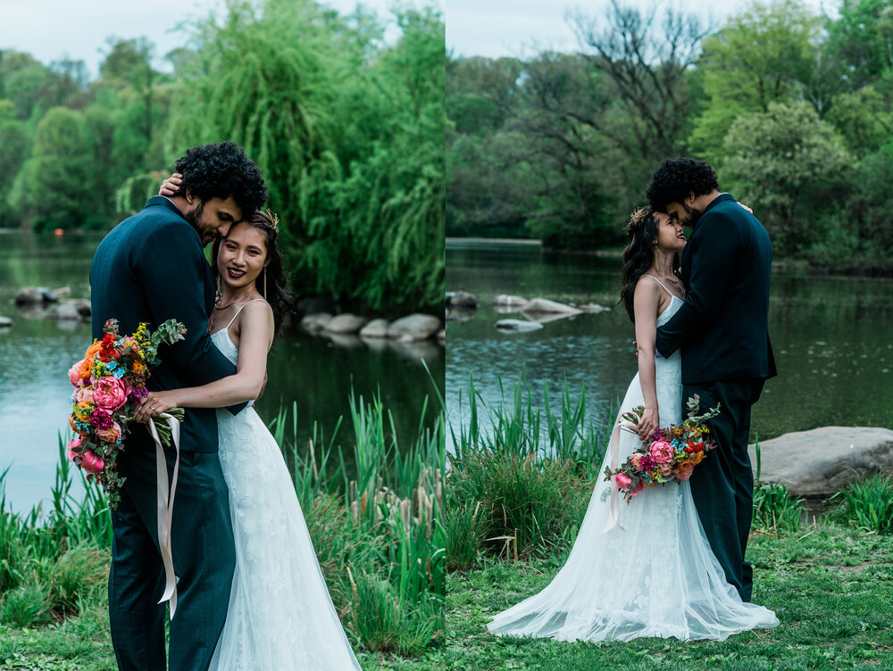 bride and groom taking wedding portraits by a lake in prospect park (Copy)