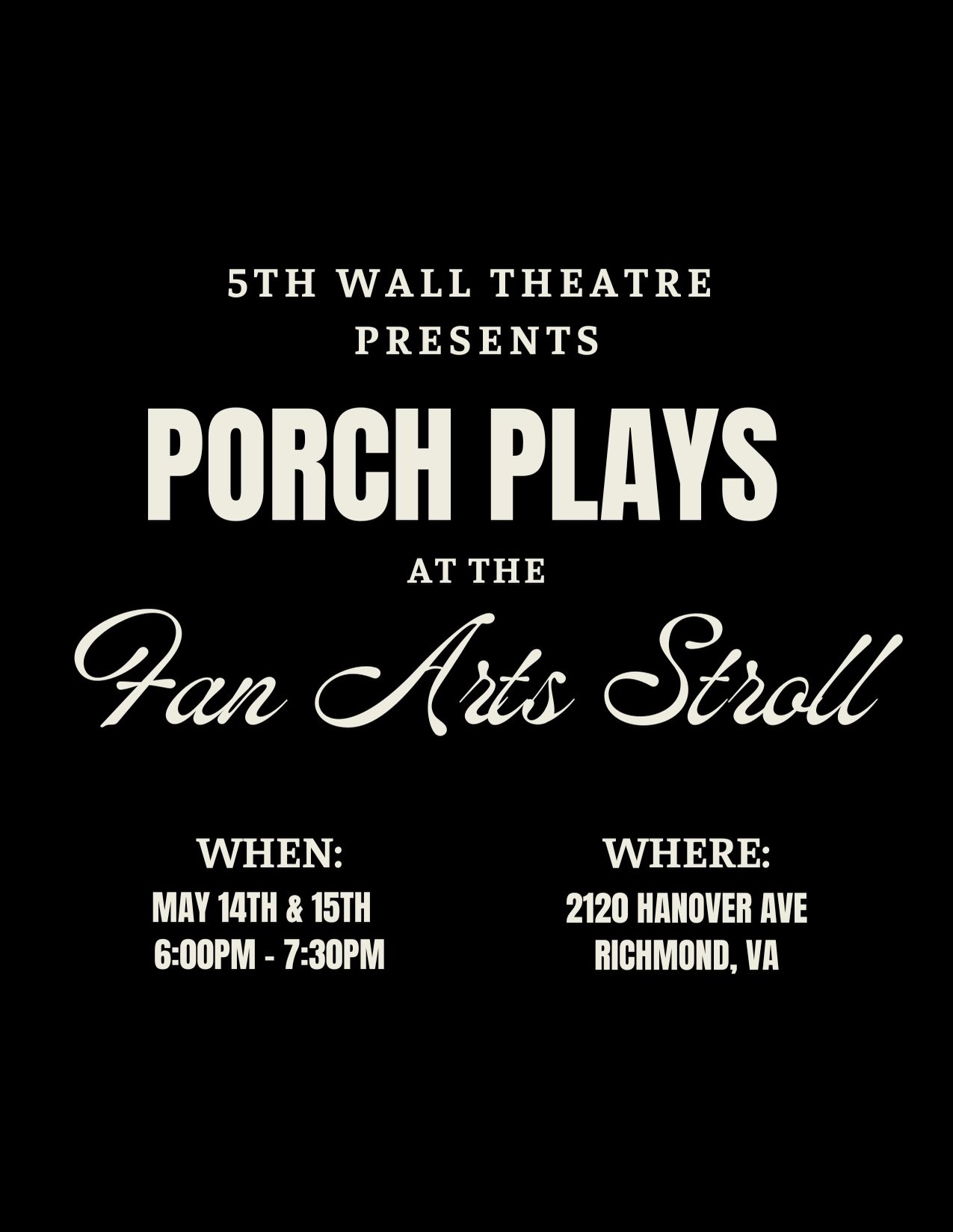 5th Wall Theatre is excited to return to the @fanartsstroll for Porch Plays 2026!

Featuring performances from some of the incredible actors from our recent seasons, Porch Plays is a chance to experience live theatre throughout the neighborhood while