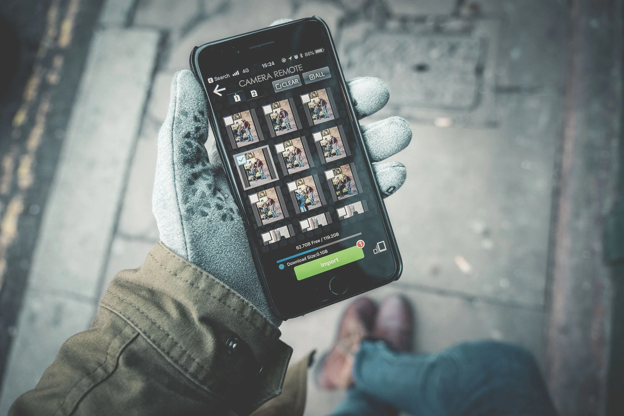 Using wifi and the Fujifilm Remote App to transfer photos from camera to phone.