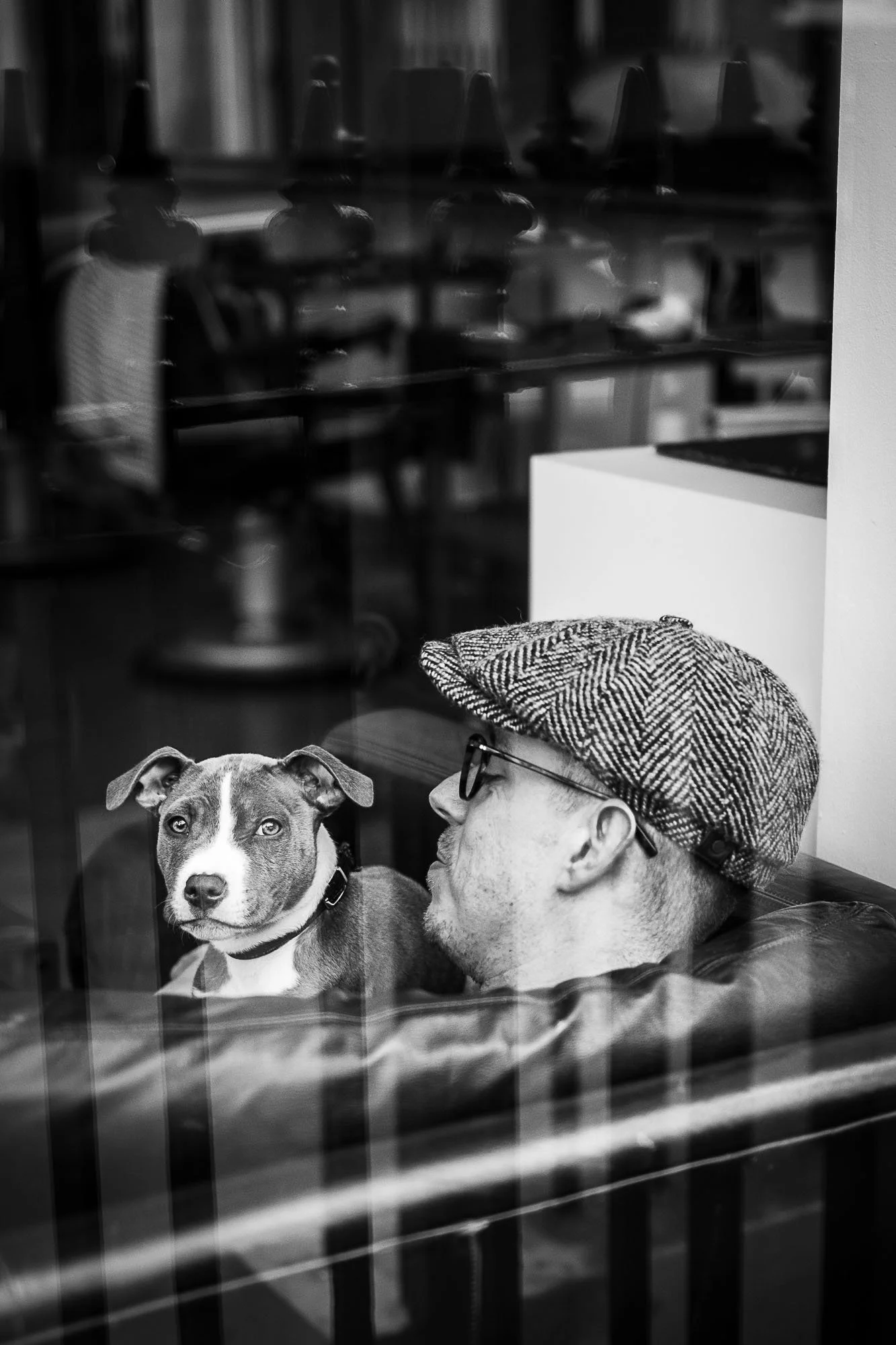 A man with glasses and a flat cap looking at a dog through a window in a café or storefront. The dog has a collar and is looking back at the camera. The photo is in black and white.