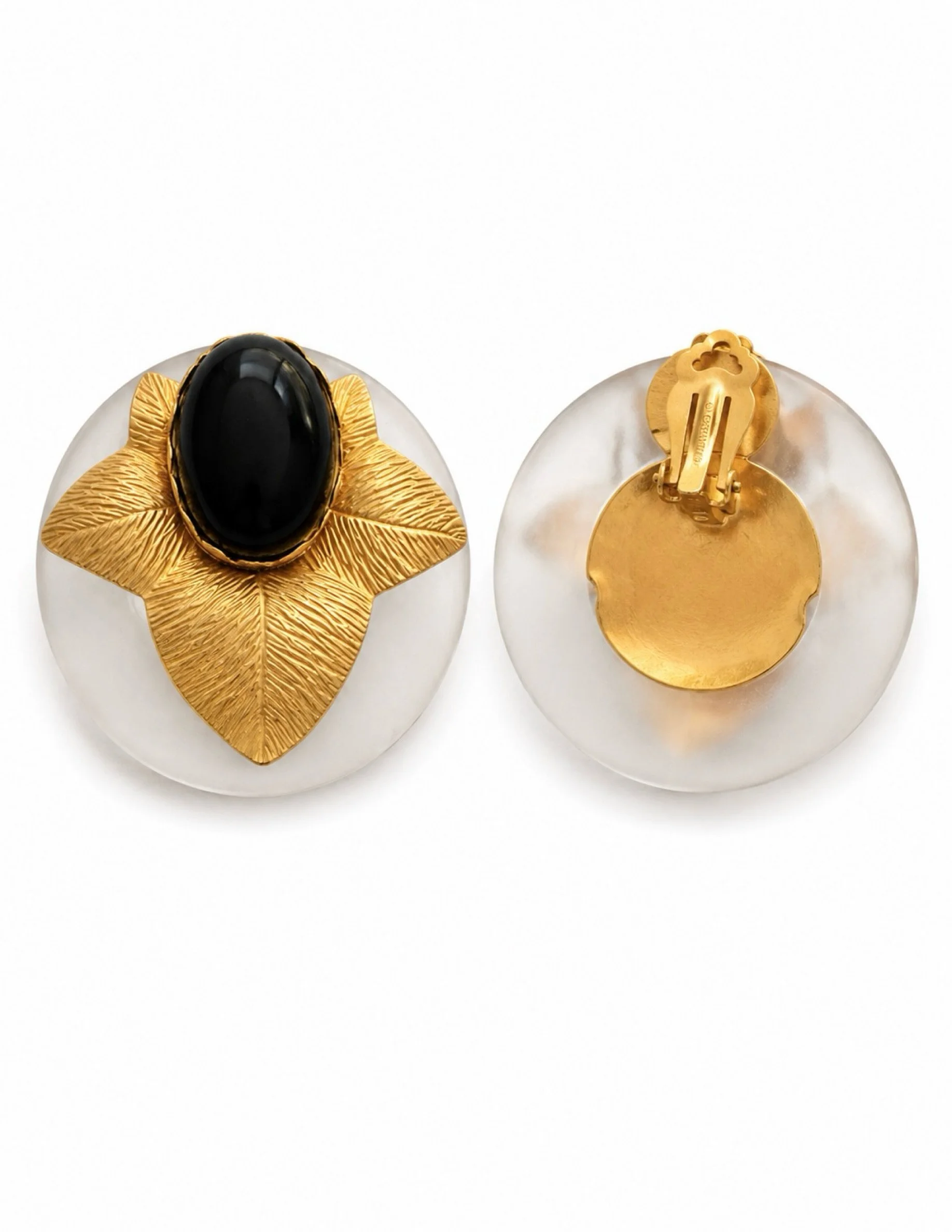 Vintage 1980s Frosted Lucite Clip-On Earrings with Gold-Leaf Detail