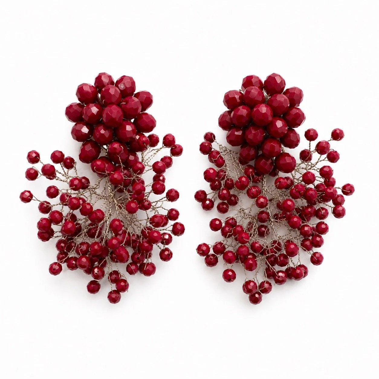 Red Pompom Crystal Clip On Earrings