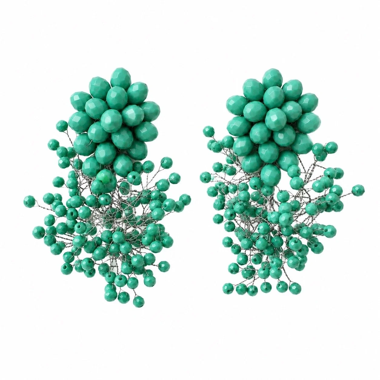 Turquoise Pompom Crystal Clip On Earrings