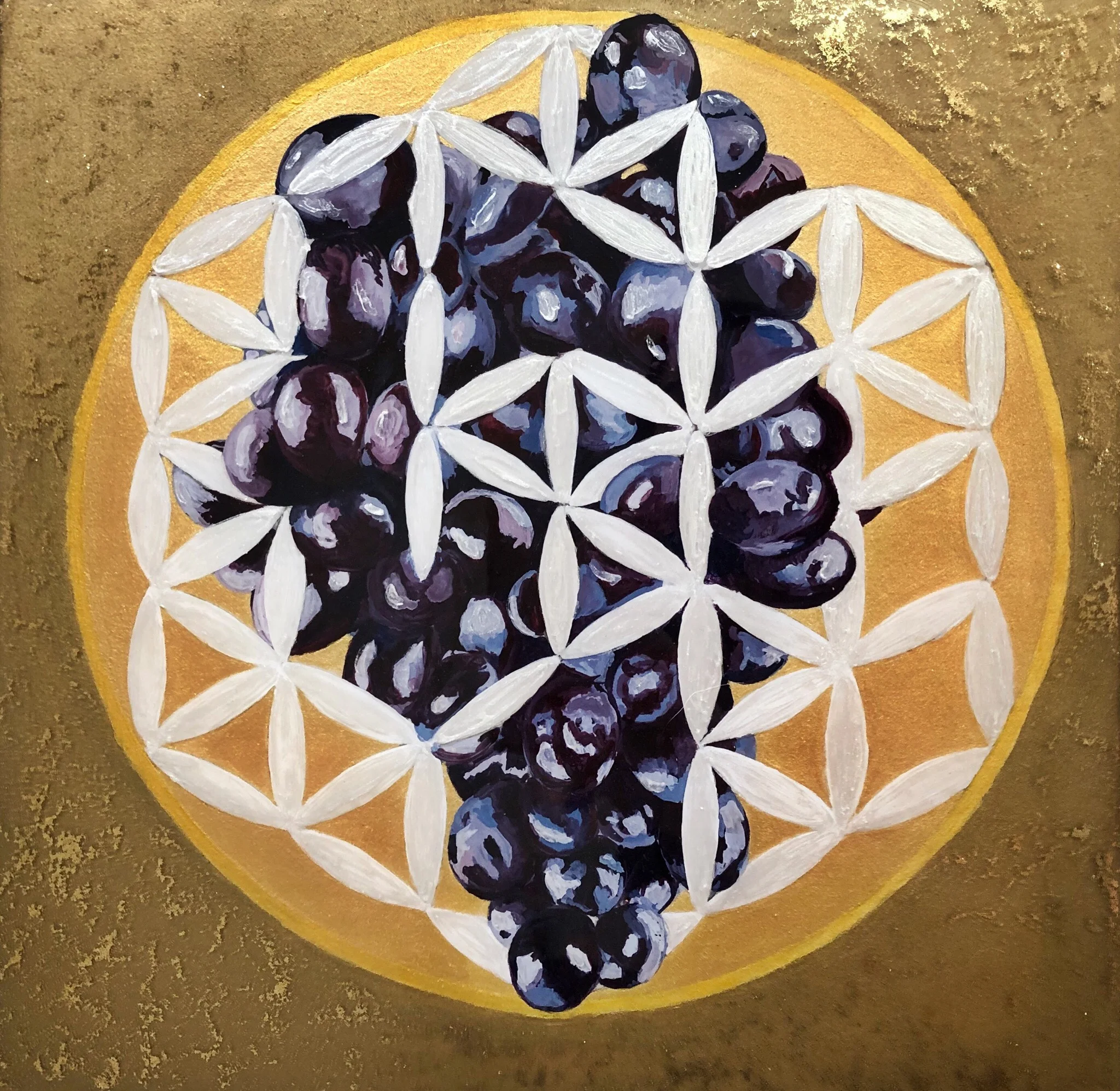 Living Fruit, Aquarelle, acrylic, and resin on panel. 12x12. 2019.